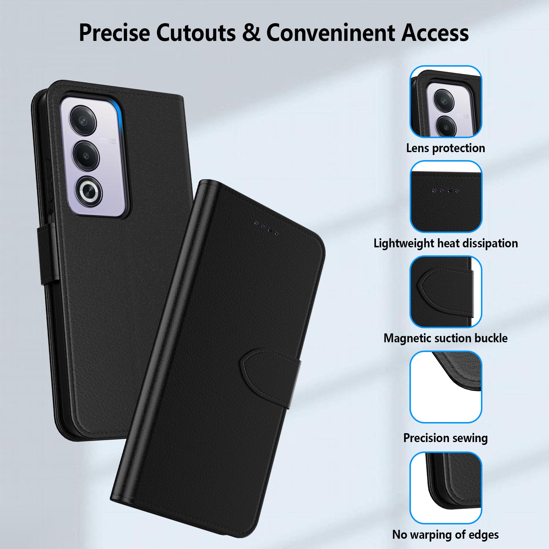 Aiziki Custodia per Oppo A80 5G +1 Vetro Temperato, Copertura Protettiva in Pelle PU Premium, Pieghevole, Aspirazione Magnetica, Prevenzione Delle Cadute, Carta Fessura - Nero