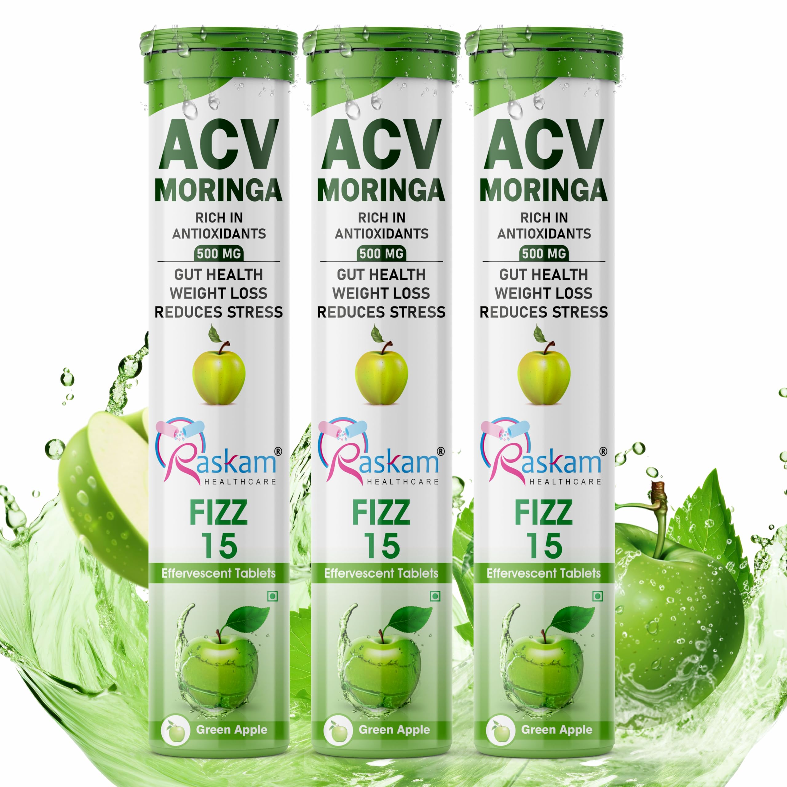 Raskam HEALTHCARE ACV Moringa 15 Effervescent Tablets 500 Mg Apple Cider Vinegar With No Added Sugar For Gut Health | Weight Loss | (Pack of 3, Green Apple)