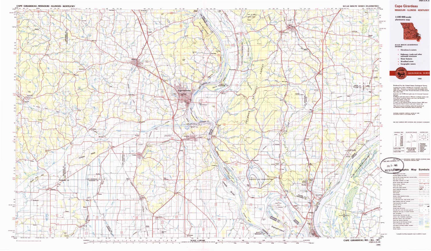 YellowMaps Cape Girardeau MO topo map, 1:100000 Scale, 30 X 60 Minute, Historical, 1984, Updated 1985, 24.1 x 41.4 in