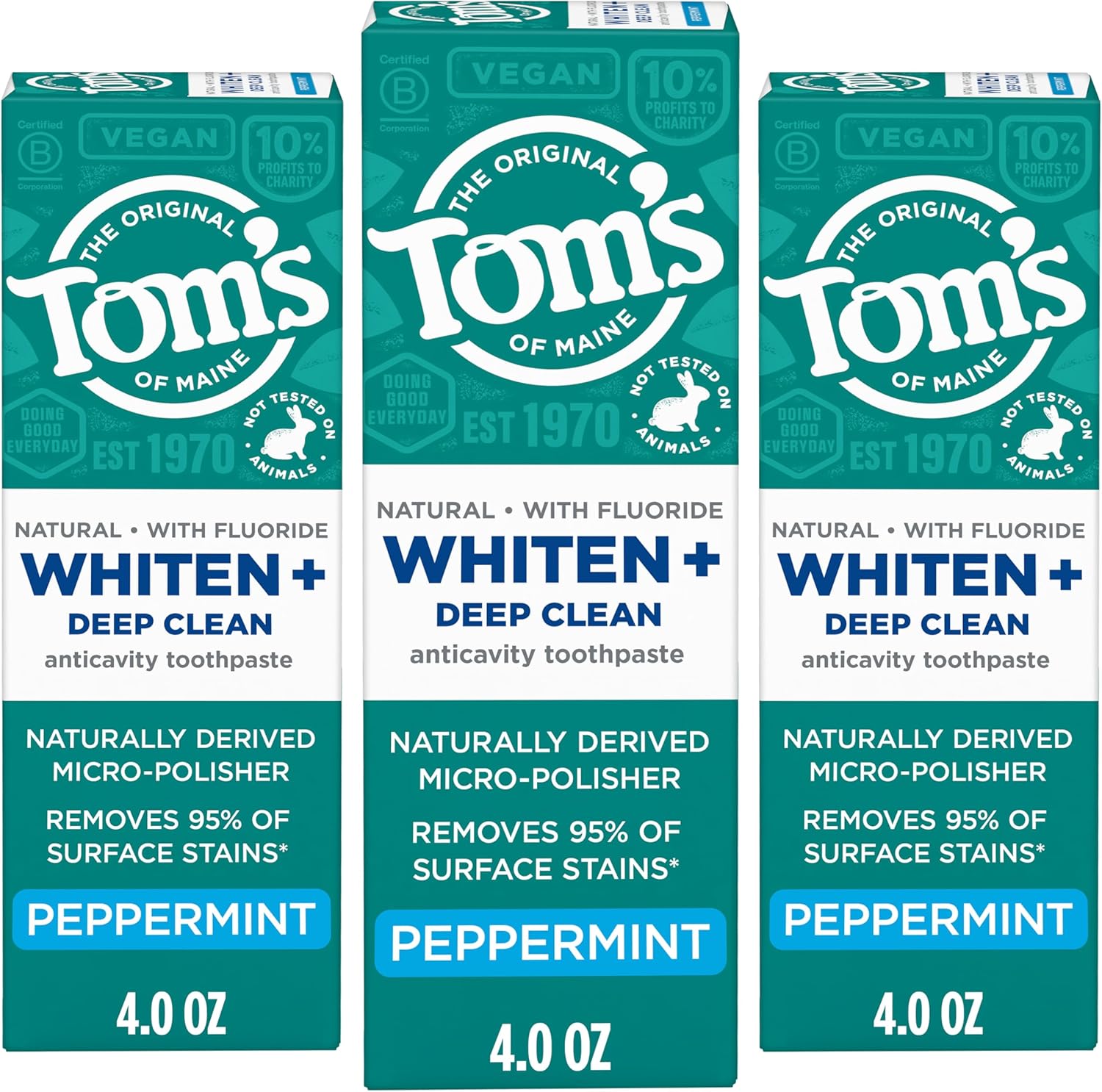Tom's of Maine Whiten Plus Deep Clean Whitening Toothpaste, Natural Whitening Toothpaste with Plant-Based Cleansers, Enamel Safe, Whitens Without Causing Sensitivity, Peppermint, 4.0 oz (Pack of 3)