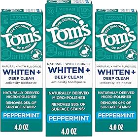 Tom's of Maine Tom's of Maine Whiten Plus Deep Clean Whitening Toothpaste, Natural Whitening Toothpaste with Plant-Based Cleansers, Enamel Safe, Whitens Without Causing Sensitivity, Peppermint, 4.0 oz (Pack of 3)