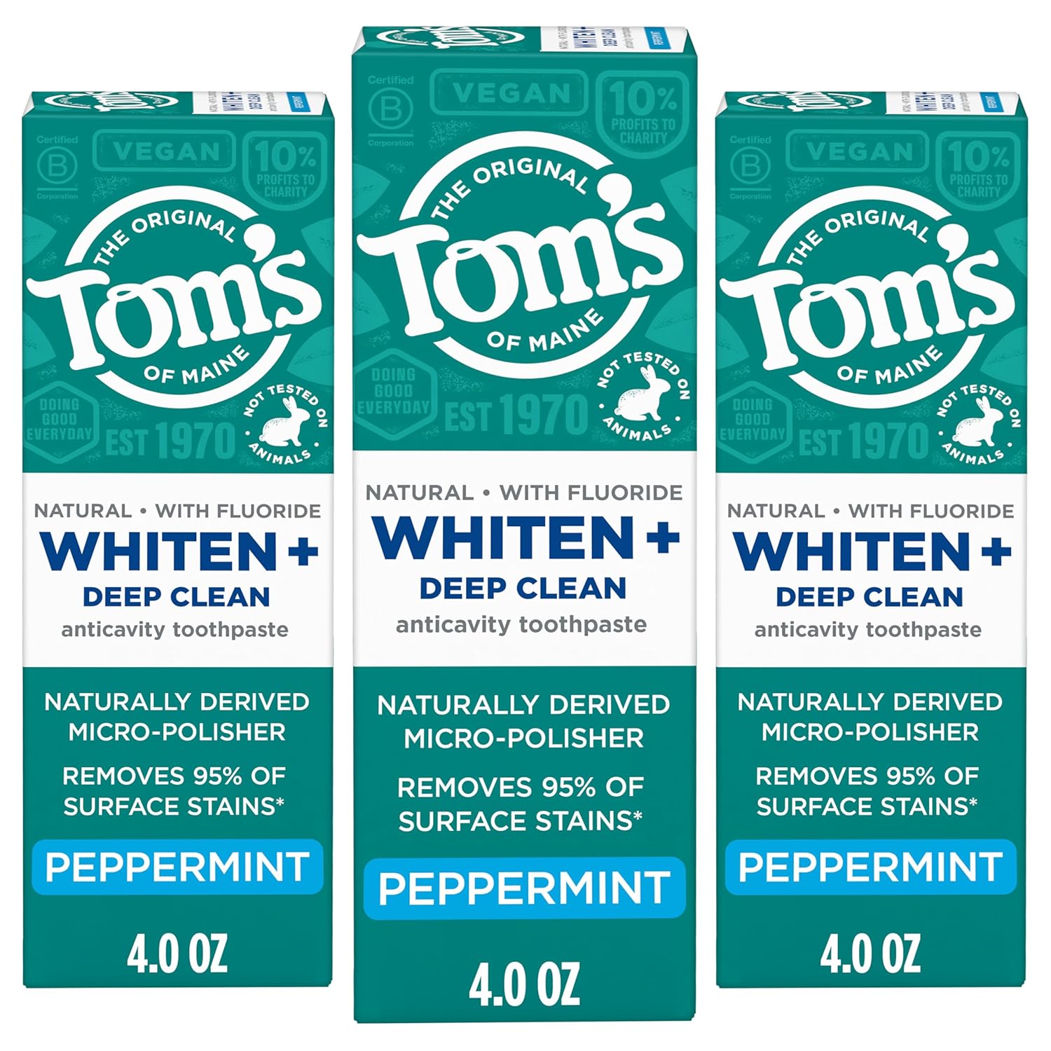 Tom's of Maine Whiten Plus Deep Clean Whitening Toothpaste - Natural, Enamel-Safe, No Sensitivity, Peppermint, 4oz Pack of 3
