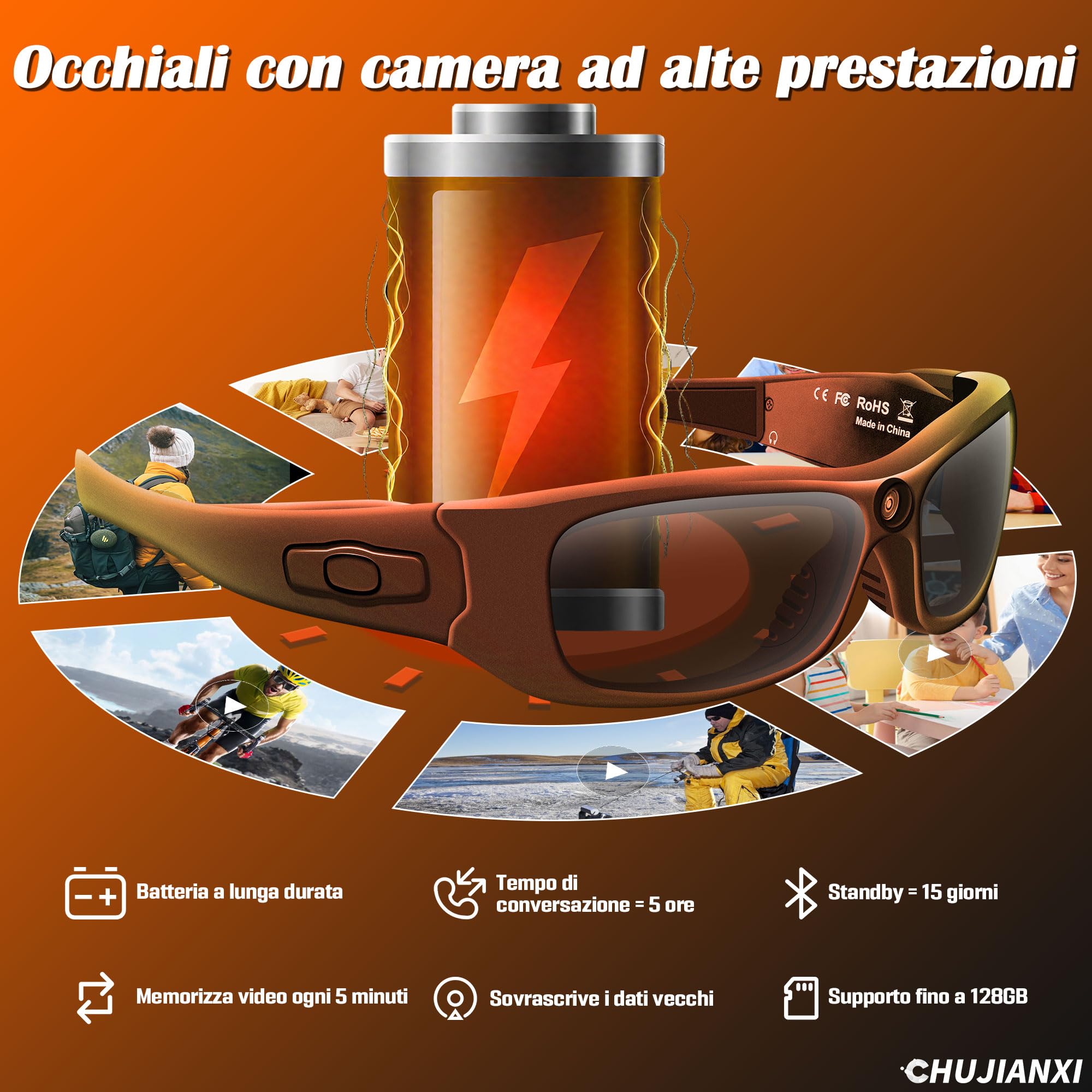 Occhiali con Telecamera con Bluetooth, Intelligenti Occhiali Smart HD 1080P | Portatile Occhiali da Sole Sport Telecamera Nascosta, Mini Videocamera per Riprodurre Musica, Scattare Foto e Video