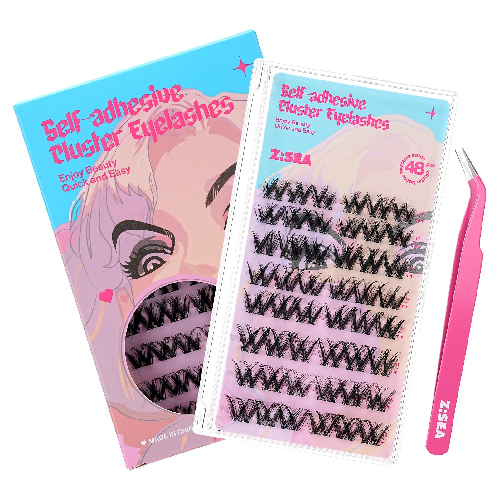 Z SEA False Eyelashes Self-Adhesive Cluster Fake Lashes 48 Pcs No Glue Required 72H Hold Quick Easy Beauty