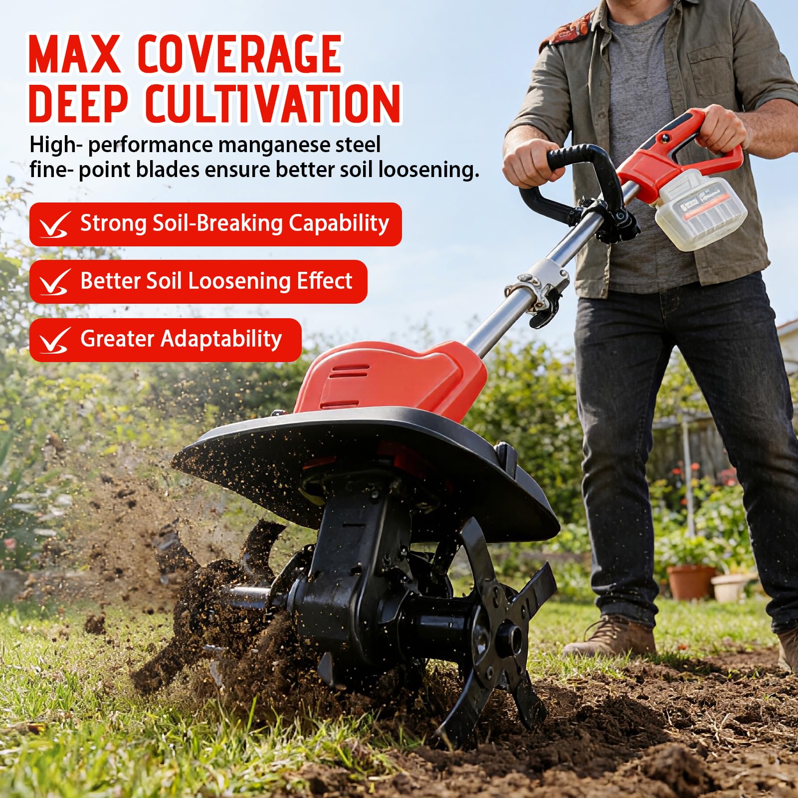 Motoazada Eléctrica Compatible con Makita 21V Batería, Motoazada Eléctrica para jardín y césped con 22 cm de Profundidad de Trabajo, 30 cm de Ancho de Trabajo (Batería no incluida)