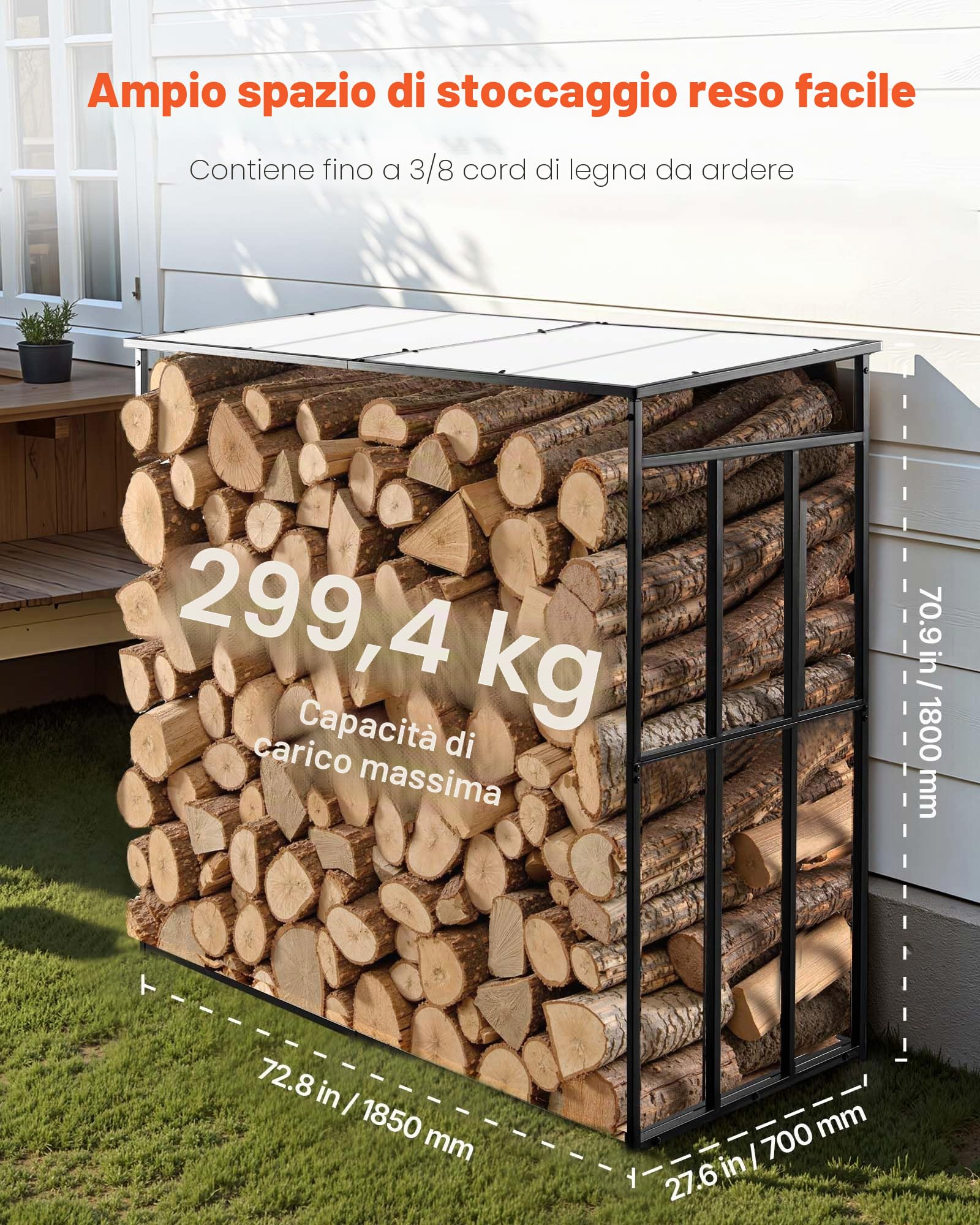 VEVOR Portalegna con Tetto Spiovente, da Esterno da 1850 mm, Capannone per Legna da Ardere con Cavo, Capacità 299,4 kg, Portalegna in Metallo Verniciato a Polvere, per Camino Terrazza Giardino