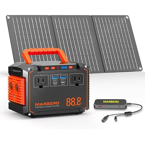 MARBERO 88.8Wh Portable Power Station with 30W Solar Panel 150W Peak Camping Solar Generator Power Bank with AC Outlet(2*AC,2*USB A, 2*USB C,) for Outdoor Travel Home Emergency Blackout Hurricane