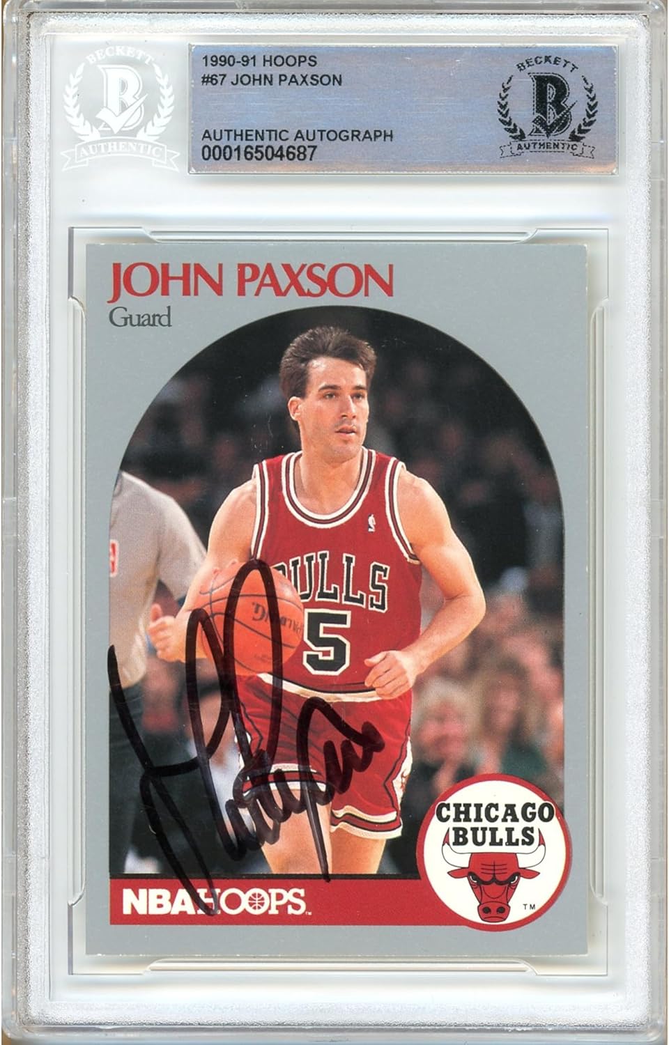 John Paxson Autographed 1990 1991 Hoops #67 Basketball Trading Card Slab Beckett BAS Authentic Slabbed COA Played For Chicago Bulls NBA