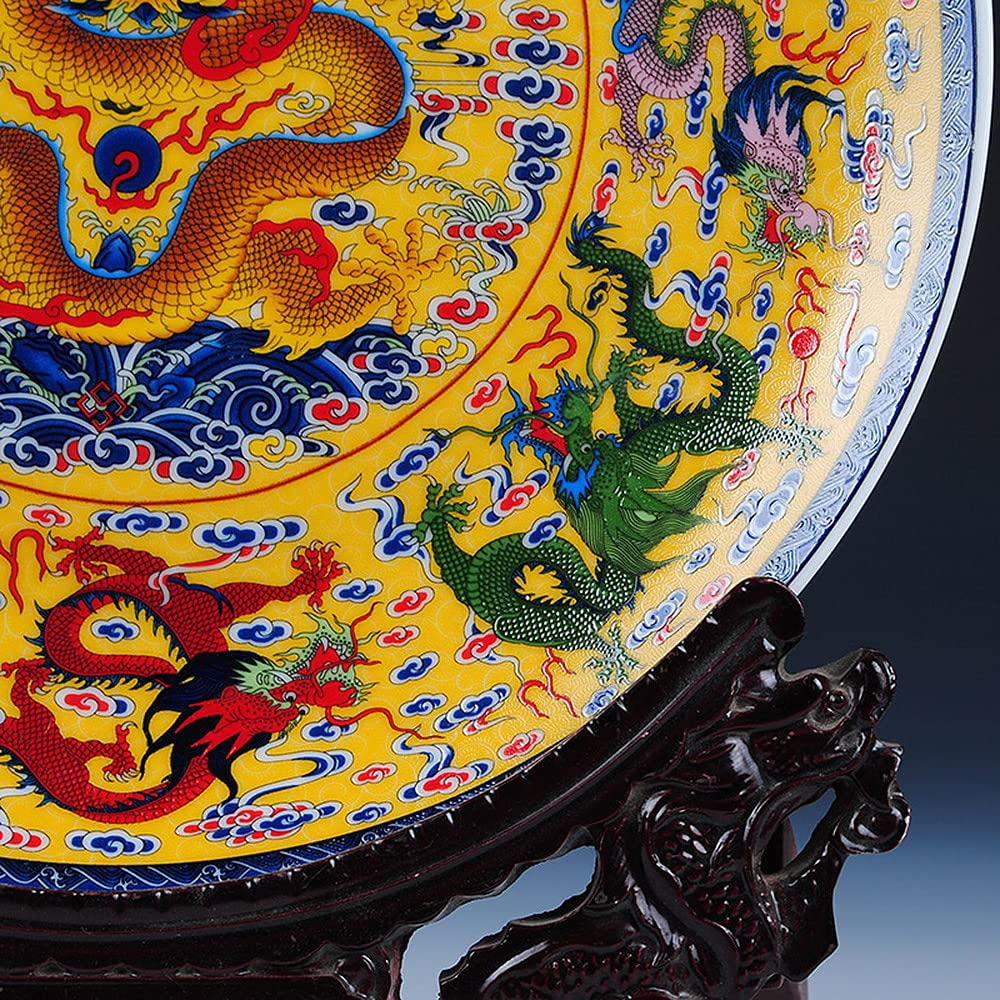 Dekorative hängende Keramikteller, dekorative Teller for Aufhängen an der Wand, dekorativer Cera 26 cm Fengshui-Keramik-Ornamentteller, China-Dekorationsteller mit neun Drachenmuster