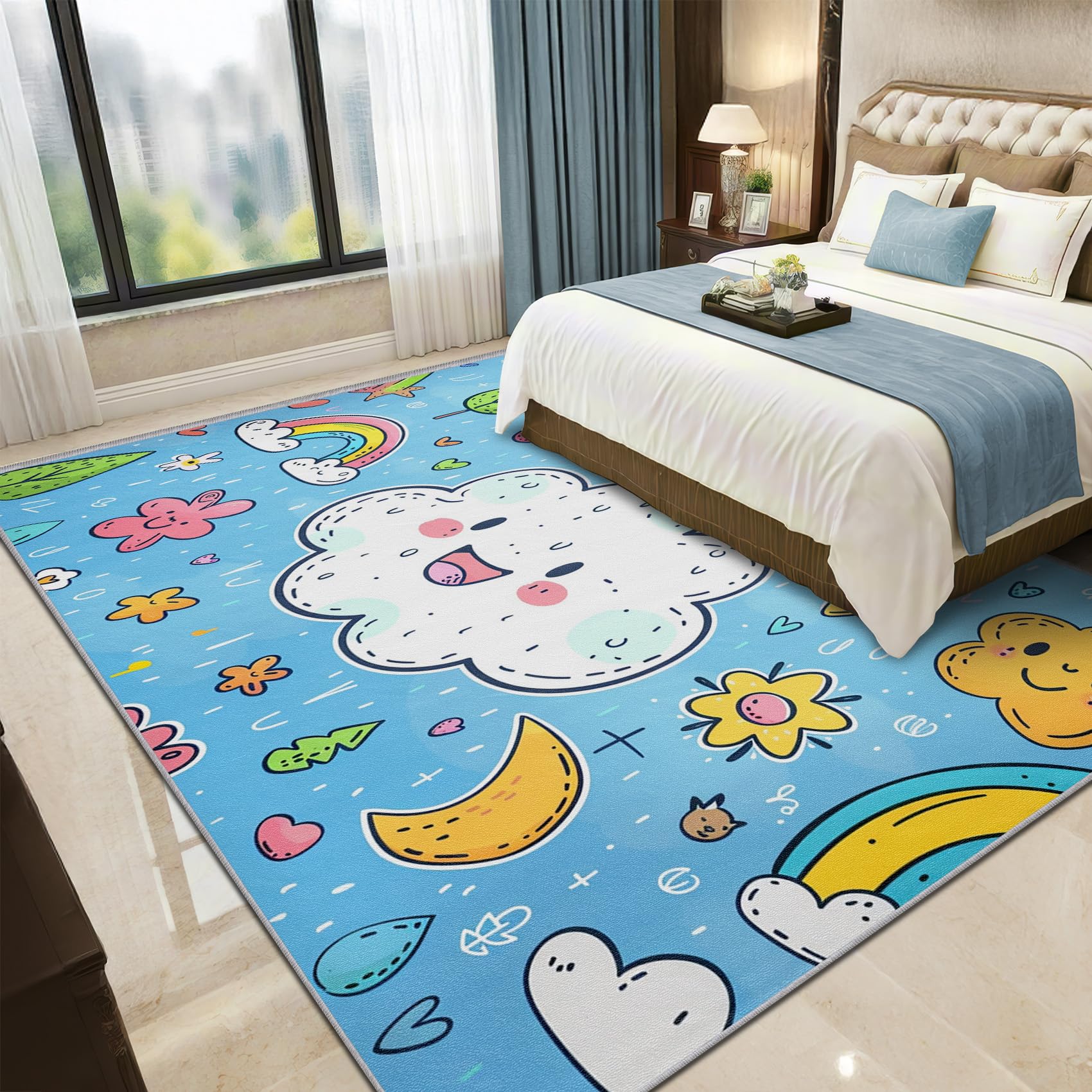Wolke Teppich Waschbar, Süß Cartoon Regenbogen Teppich 80x150 cm, Kinderzimmer Kinder rutschfest Waschbar Pflegeleicht Teppiche Für Schlafzimmer Küche, Blau Weiß Rosa