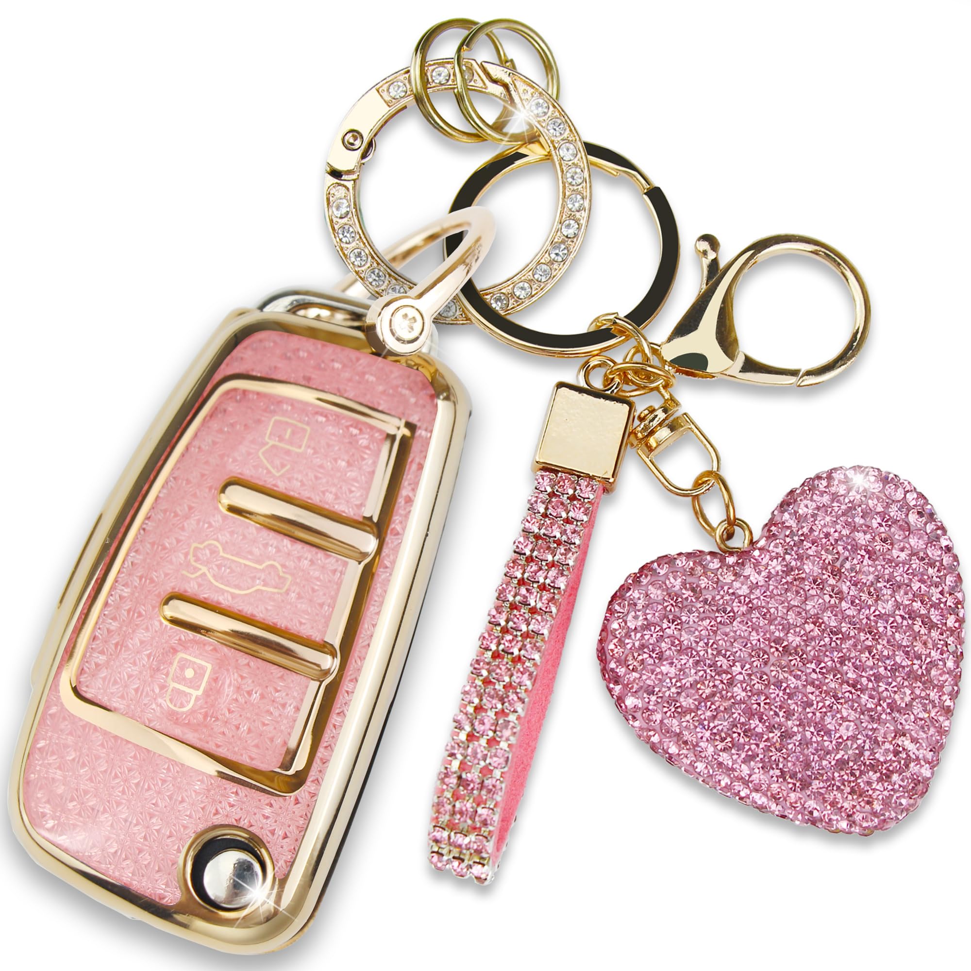 Compatible with Audi Key Fob Cover with Heart Keychain, Girly Soft TPU Car Key Shell Case for Women, Compatible with Audi A1 A3 Q3 Q7 R8 A6L TT Smart Remote Key Protector (3 Buttons-Pink)