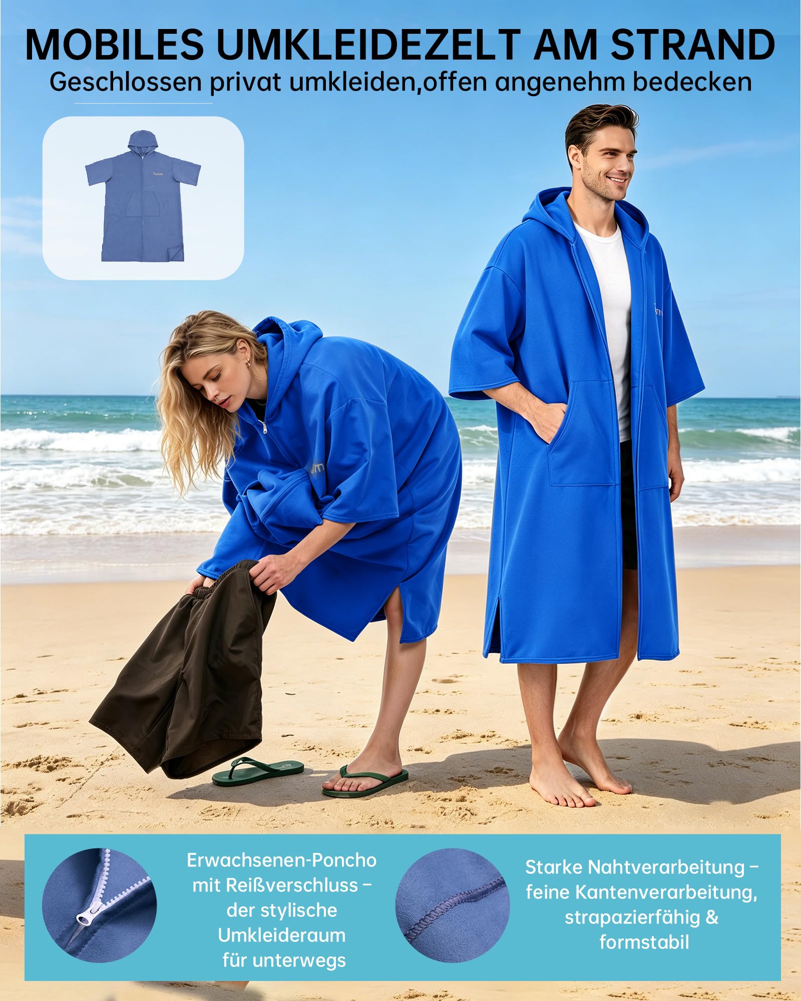 Taximi Badeponcho Damen und Herren, Mikrofaser Bademantel mit Reißverschluss, Schnelltrocknend & Leicht, Umziehponcho für Strand, Schwimmbad & Wassersport (Königsblau)