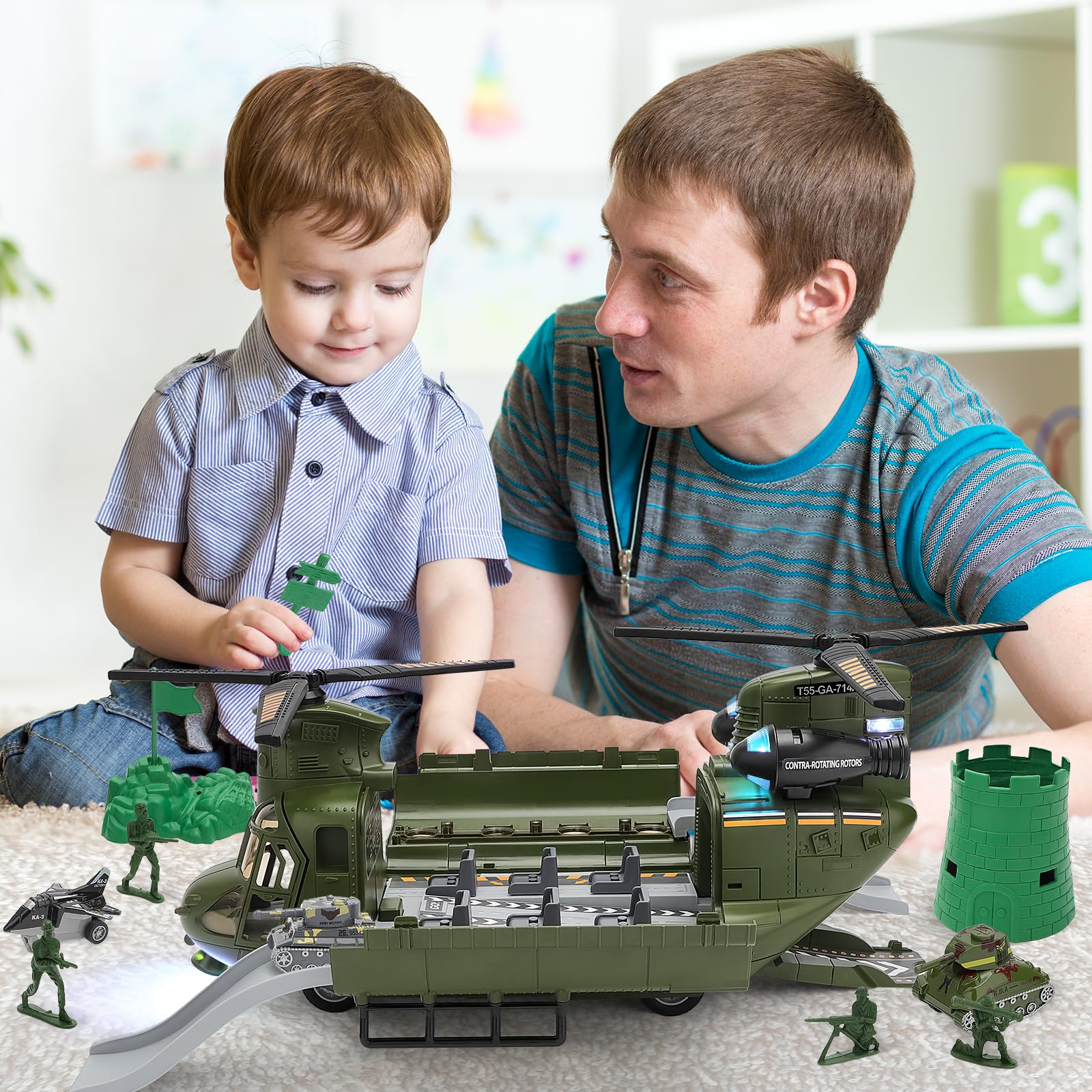 deAO Jeu de Jouets Hélicoptère Militaire Hélicoptère de Transport avec Son et lumière, Soldat Armée Hommes Figurines d'action, Jouets Armée Militaires Cadeaux d'anniversaire de Noël pour Enfant