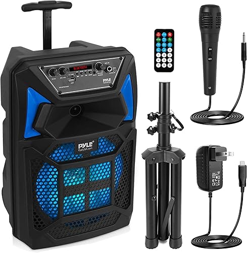 Pyle Altavoz PA Bluetooth y sistema de micrófono, altavoz de karaoke portátil con micrófono con cable, luces LED de fiesta integradas, radio FM,