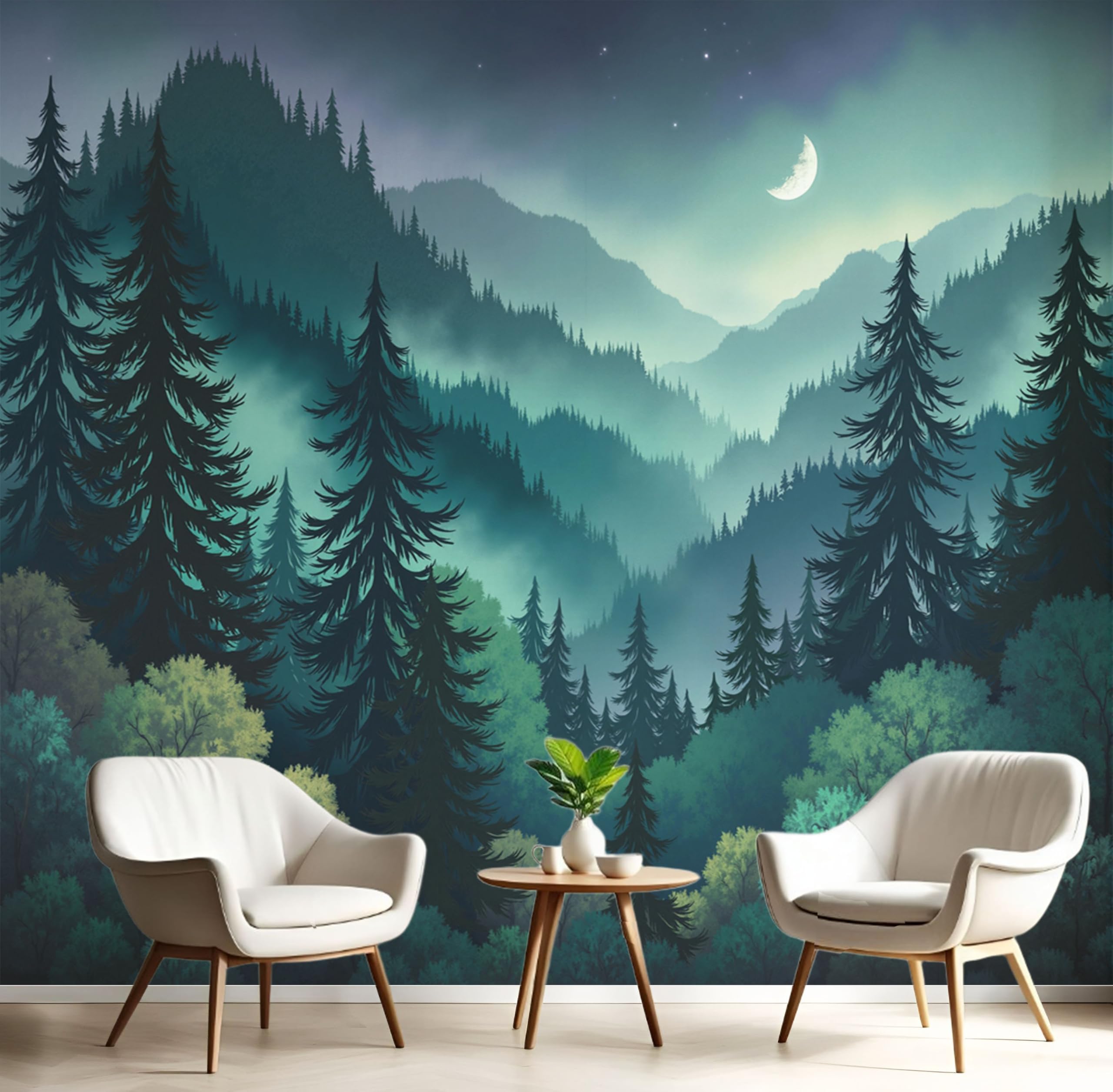 Papier peint panoramique paysage forestier bleu nuit XXL déco salon