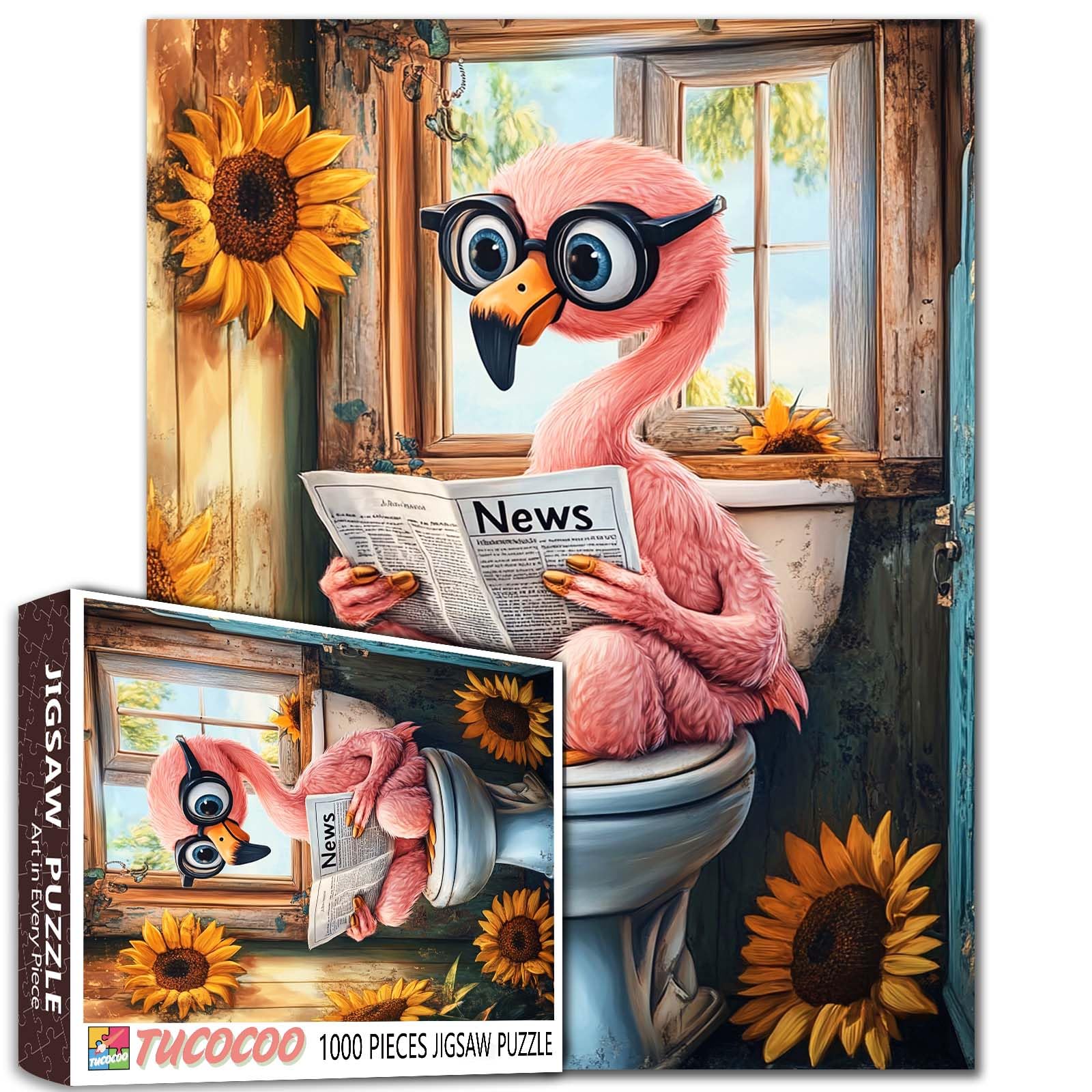 Flamingo on Toilet Jigsaw Puzzle for Adults 1000 Piece Funny Animal with Glasses Reading Newspaper Puzzle, Quirky Bathroom Decor Sunflowers Relaxing Puzzles Fun Challenging Gift for Puzzle Lovers