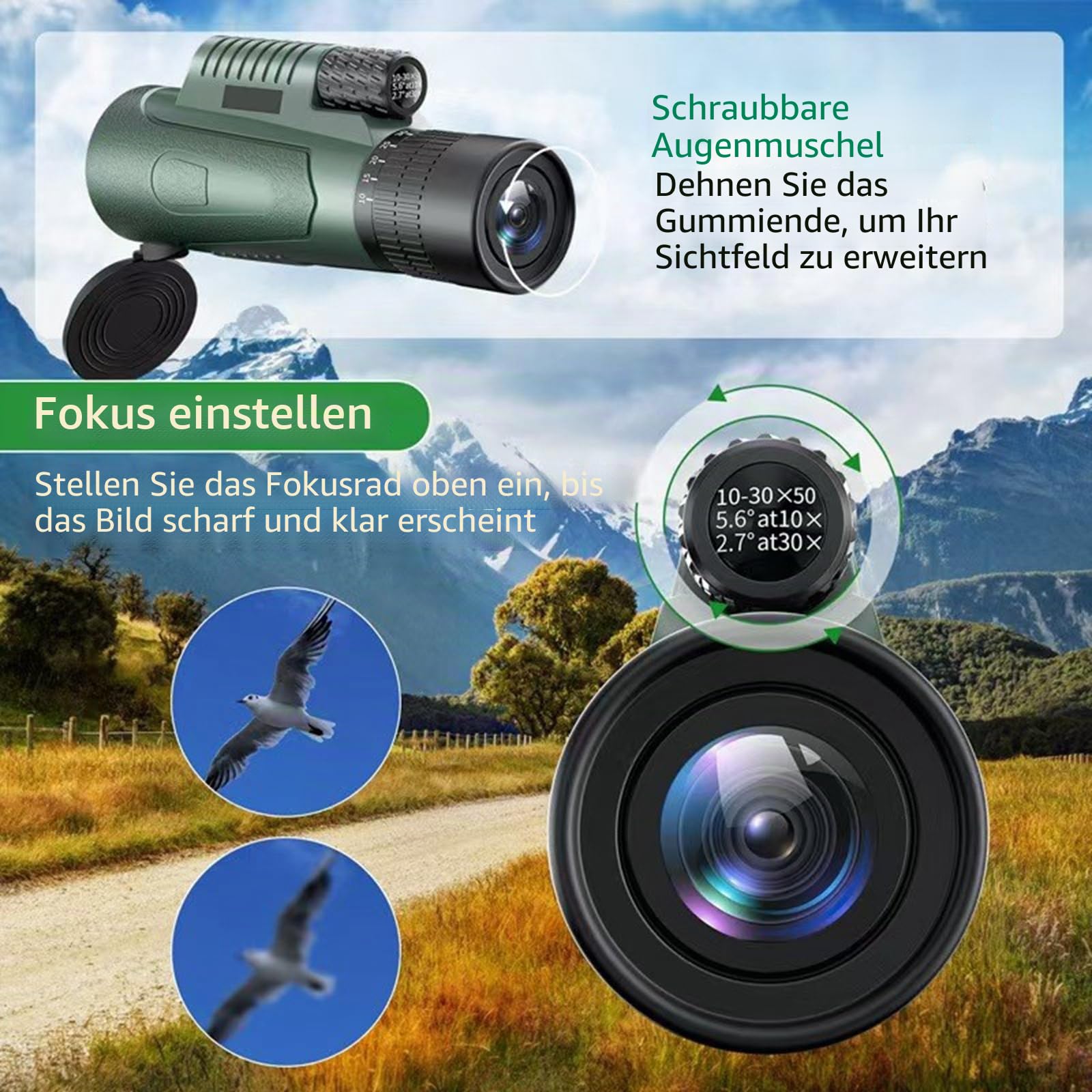 Monocular, 10-30x50 Monocular Telescope, für Erwachsene und Kinder, FMC BAK4 Prisma, Monokular klein, für sportveranstaltungen Vogelbeobachtung Reisen Jagd Konzert Sport im Freien