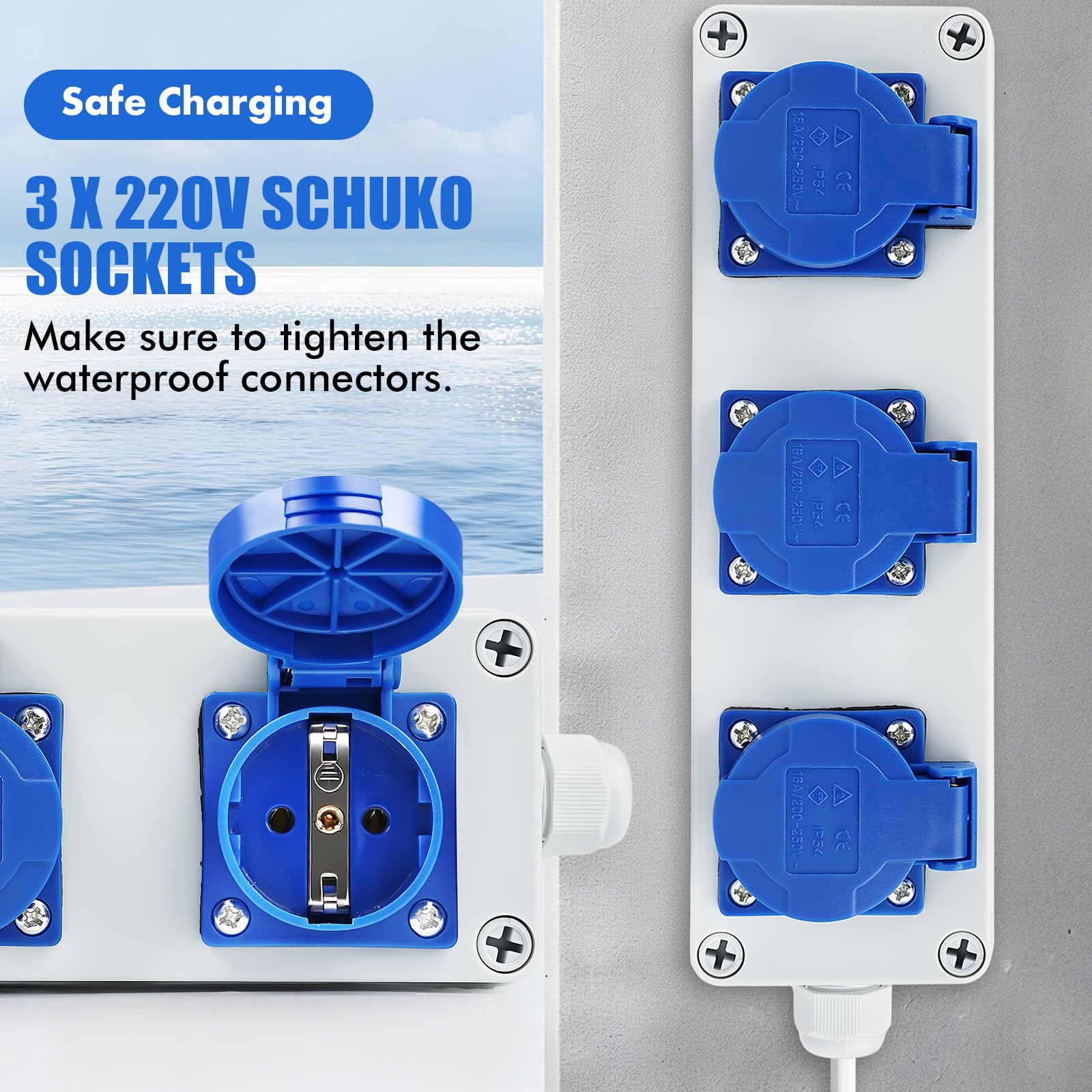 Stopcontactverdeler, wandverdeler, stroomverdeler, bouwstroomverdeler, 16 A, 4 x 220 V, Schuko sterke stroom, stopcontact, stroomverdeler, buiten