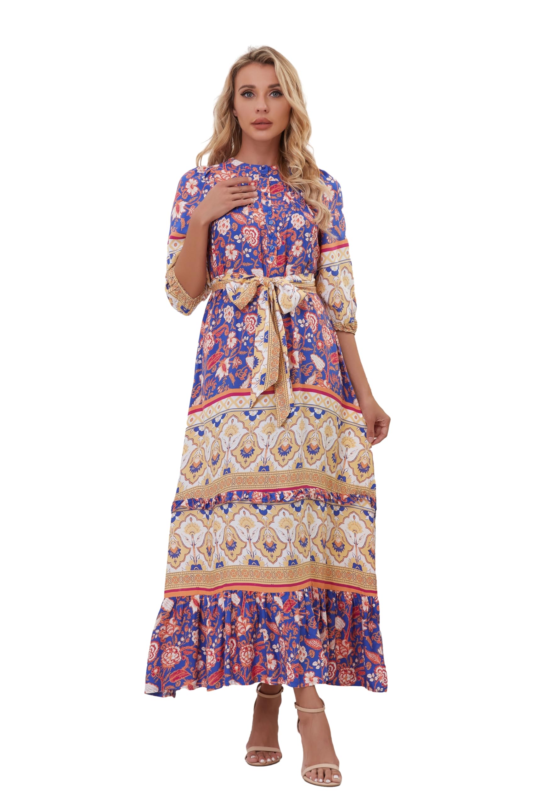 Women Boho High-Waist Floral Print Maxi Dress 3/4 Sleeve Casual | Soft Rayon, Breathable, Quick-Dry. High-Waist with Adjustable Belt, Flattering Hem. Ideal for Beach, Work &amp; Dating.