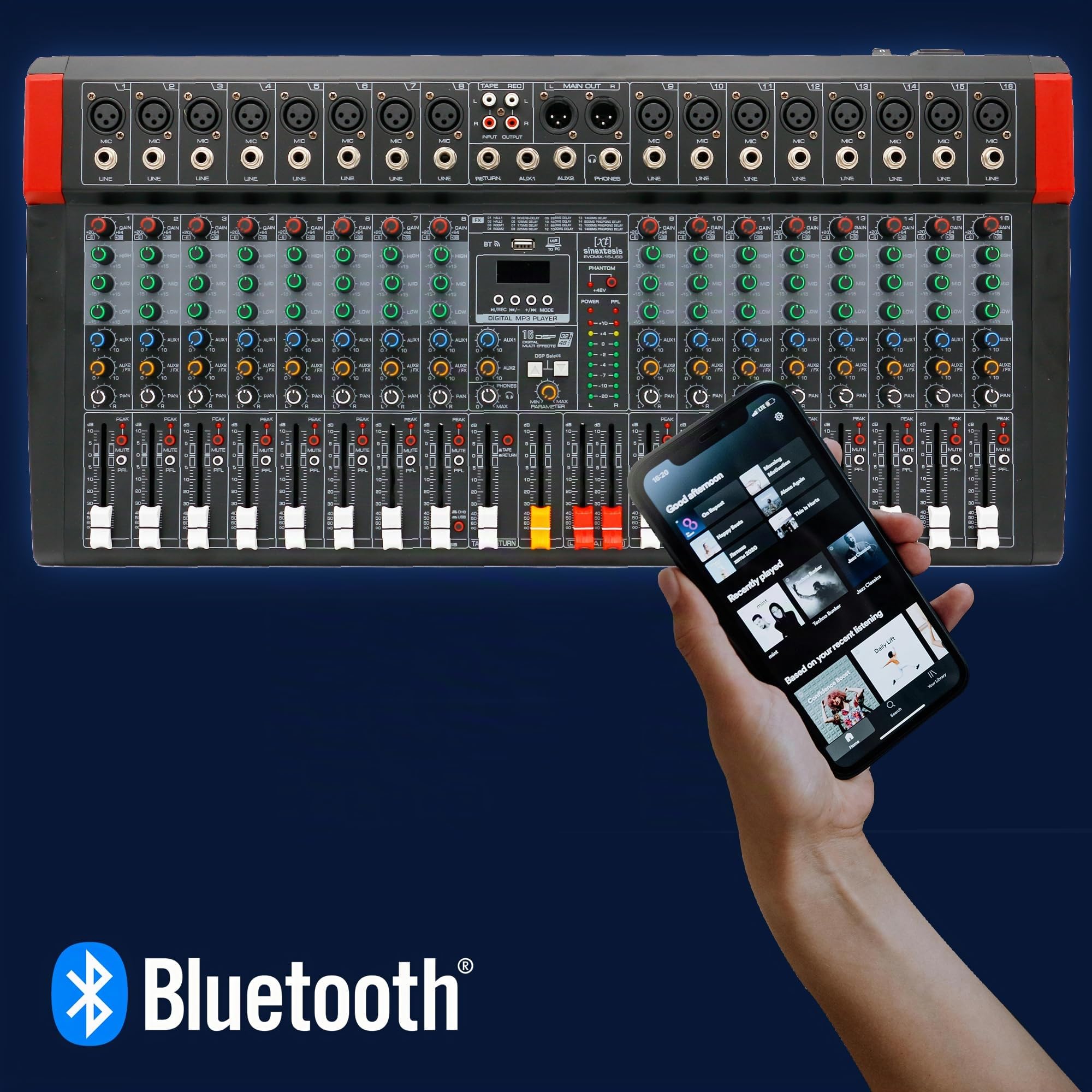 Mixer Audio/Scheda Audio 16 canali, multieffetto DSP, interfaccia USB, Lettore MP3 integrato per riprodurre e registrare, Connettività Bluetooth (EVOMIX-16-USB)