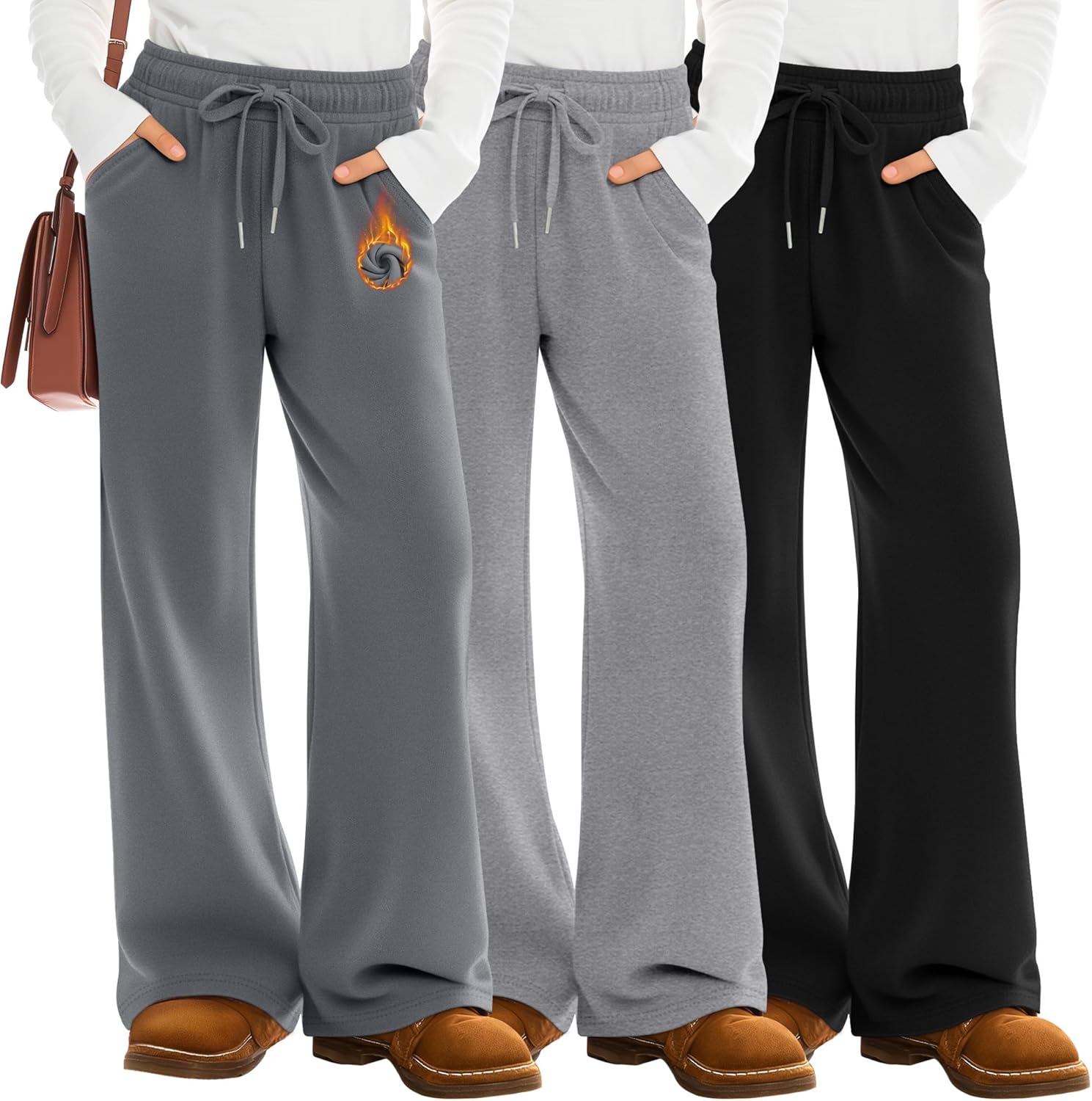 3 Pack Girls' Fleece Sweatpants Wide Leg Drawstring Casual Kids Joggers Open Bottom Loose Teen Pants with Pockets