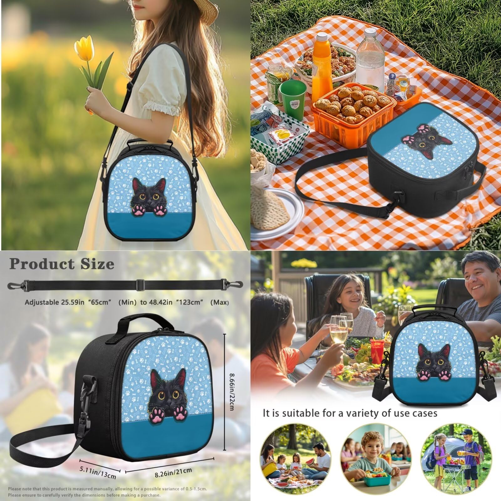 Xoenoiee Set di zaini per ragazzi e ragazze con gatti e libri scolastici con portapranzo, astuccio portaborraccia 4 in 1, set di zaini per la scuola, Zampe di osso di gatto nero
