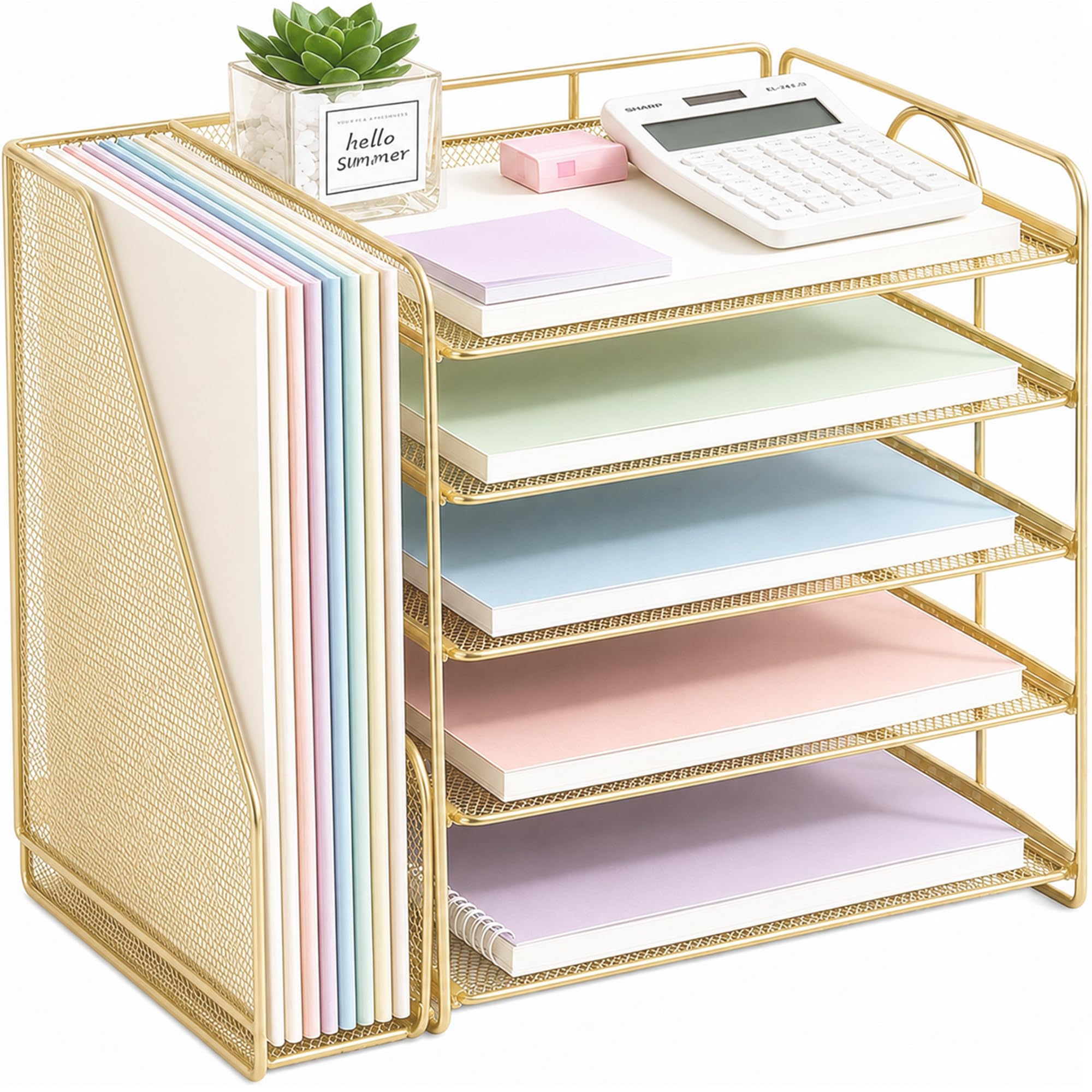 OPNICE 5-Tier Paper Organizer with Magazine Holder, Desk Organizers and Accessories, Office Desk Accessories & Workspace Organizers, Desktop File Organizer for Office Supplies Storage, Gold