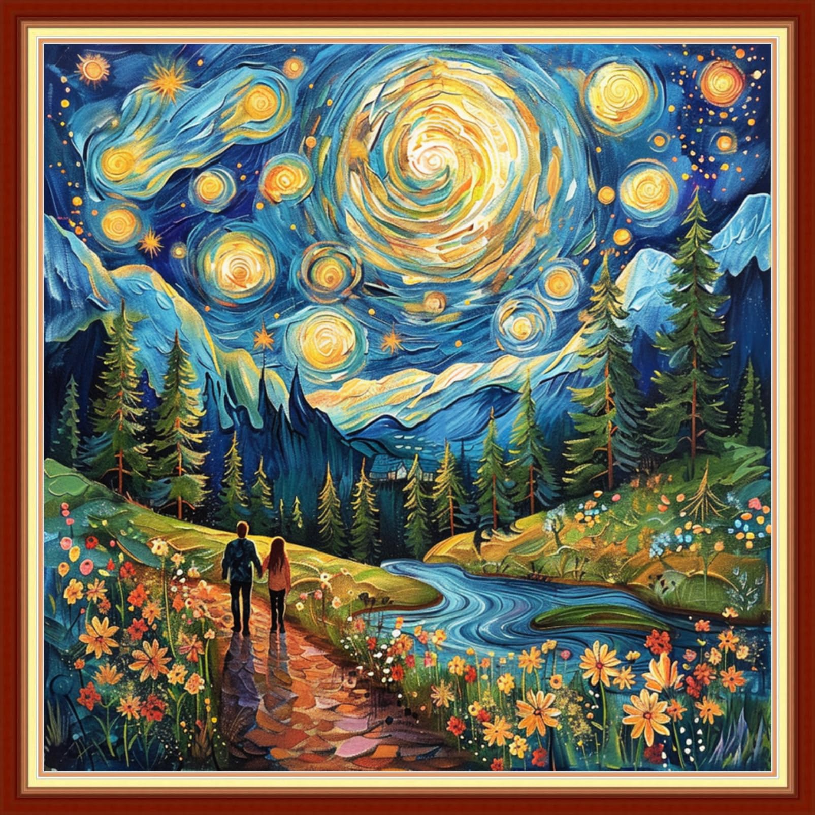 Joyhoor Stamped Cross Stitch Kits for Beginners Needlepoint Kits for Adults Embroidery Kits 11CT Counted Cross Stitch Kits Printed Embroidery Pattern-Van Gogh Starry Sky Couple 18x18 inchs
