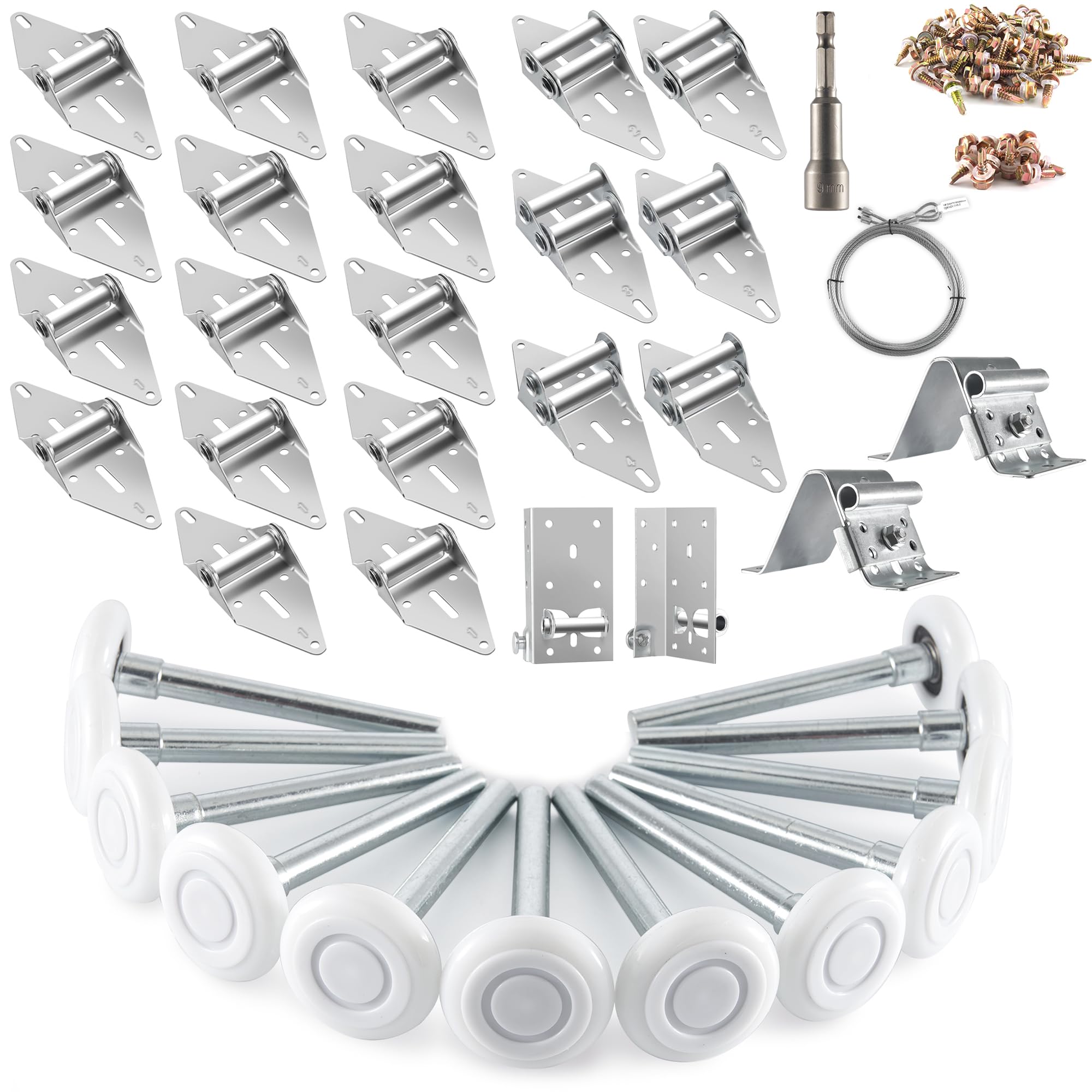 XiKe 2" Nylon Garage Door Roller 4" Stem and Hinges Kit with Top & Bottom Bracket Steel Wire Rope Screw Sleeve Hardware Set for 16 x 8 or 18 x 8 FT