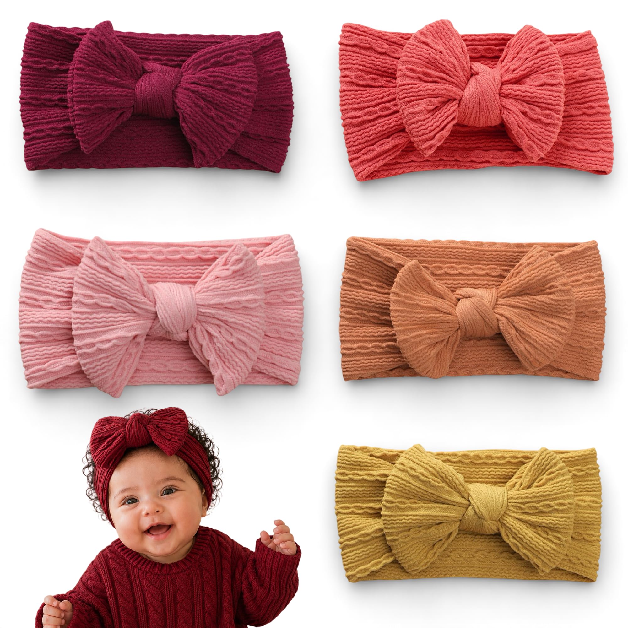 OULYMORE Baby Girl Headbands, 5 Pack Soft Nylon Bow Headbands for Newborn Infant Toddler, Stretchy Hair Bands in Multible Colors, One Size Fits All Baby Hair Accessories, Warm Autumn Collection