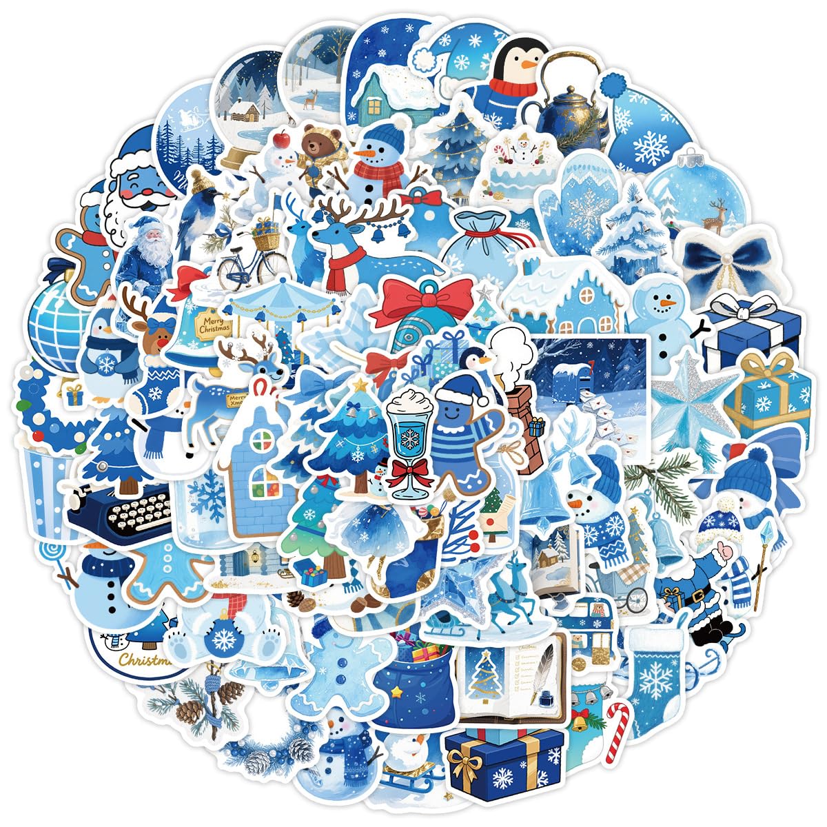 100PCS Blue Christmas Stickers for Luggage,Bumper,Helmet,Notebook,Scrapbook,Laptop,Water Bottle,Cute Santa Claus Snowman Cartoon Waterproof Vinyl Sticker,Adults Teens Decal,Aesthetic Graffiti Decals — image 1
