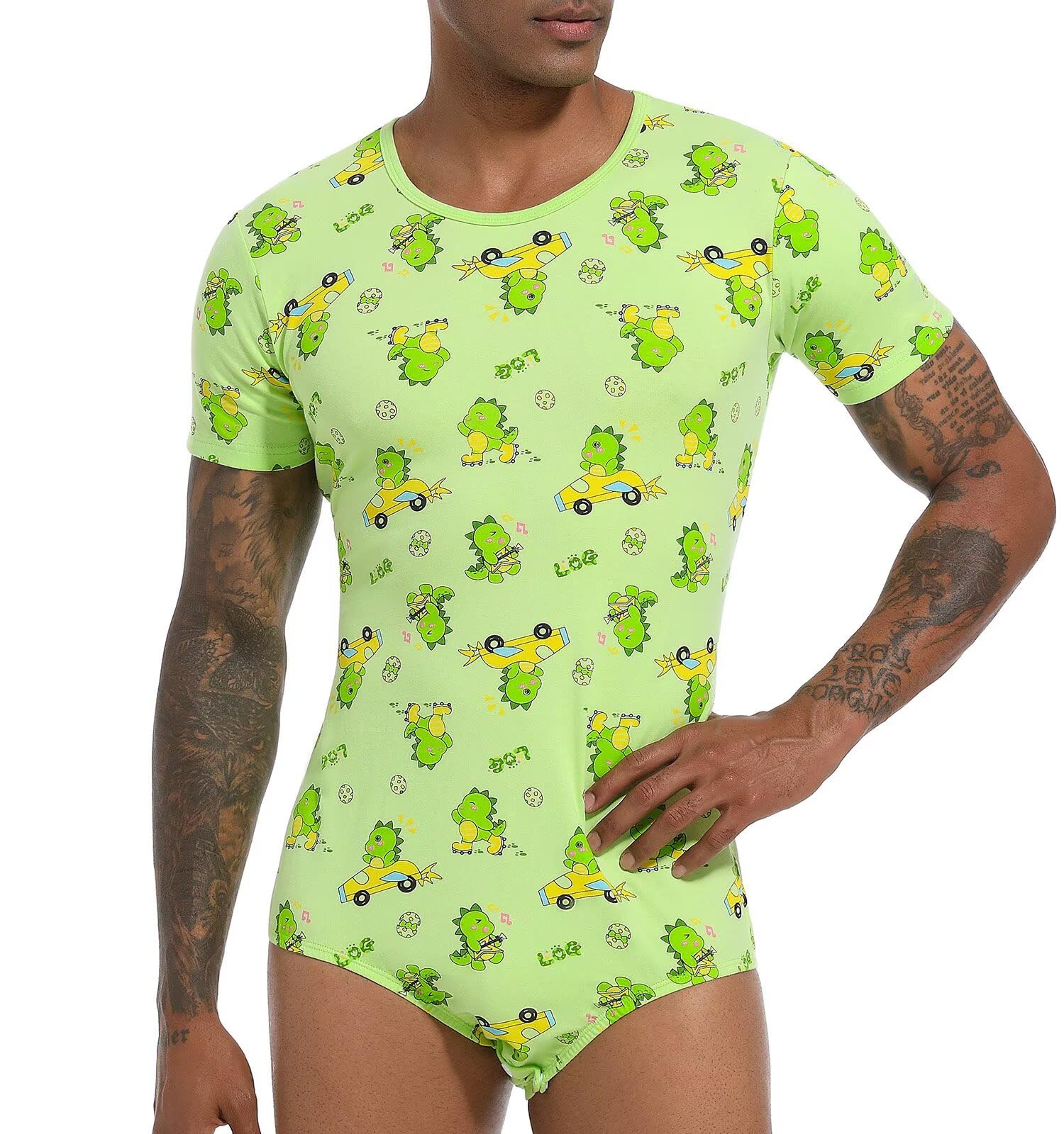 Landofgenie Onesie Mężczyźni Krótki Rękaw Bodysuit One Piece Pidżama Rompers Dinosaur Rudy