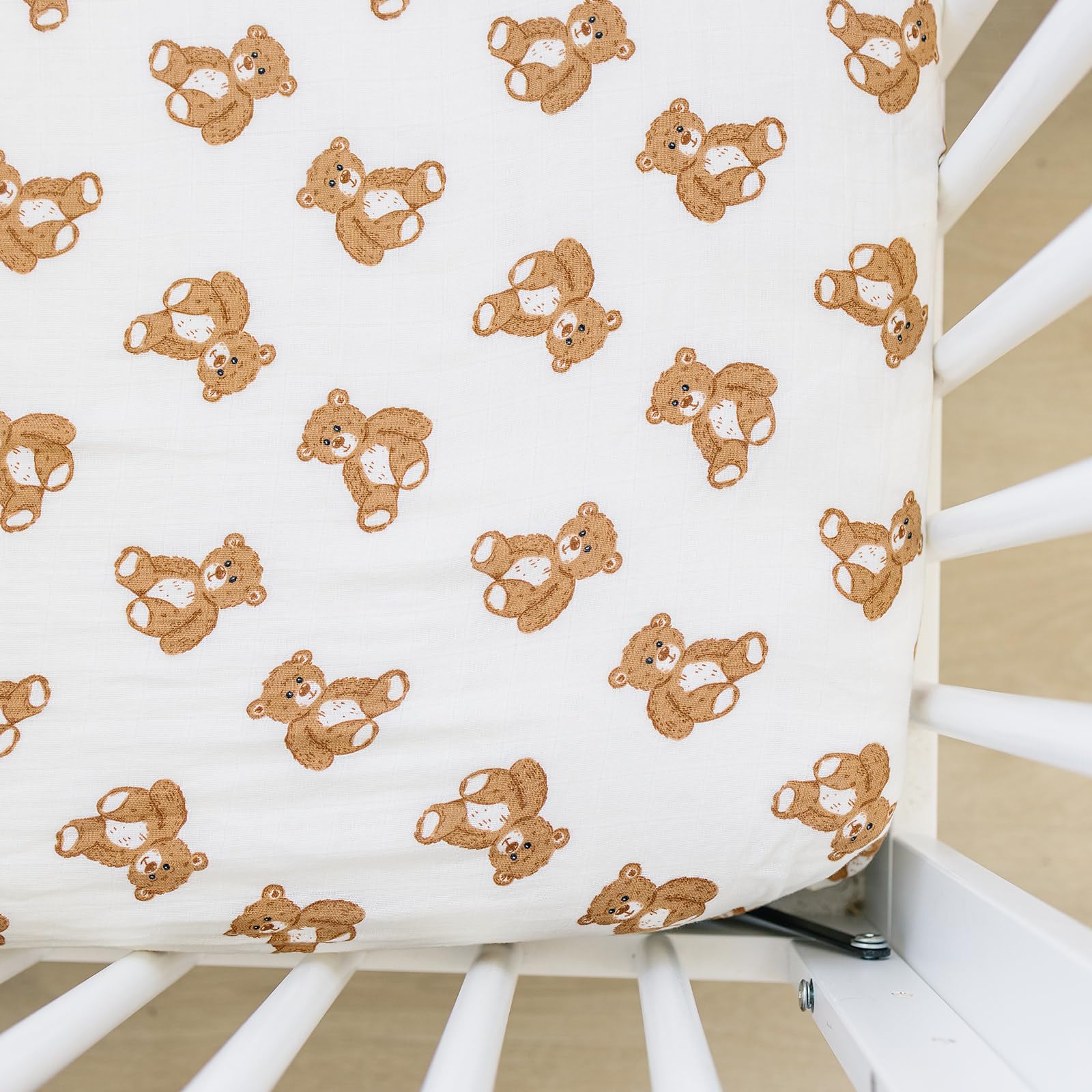 Mebie Baby Teddy Bear Muslin Crib Sheet, Soft and Breathable Fitted Sheet for Babies, 100% Muslin Cotton, 52" x 28" Standard Crib Mattress, Modern Neutral Bedding for Boy or Girl Room