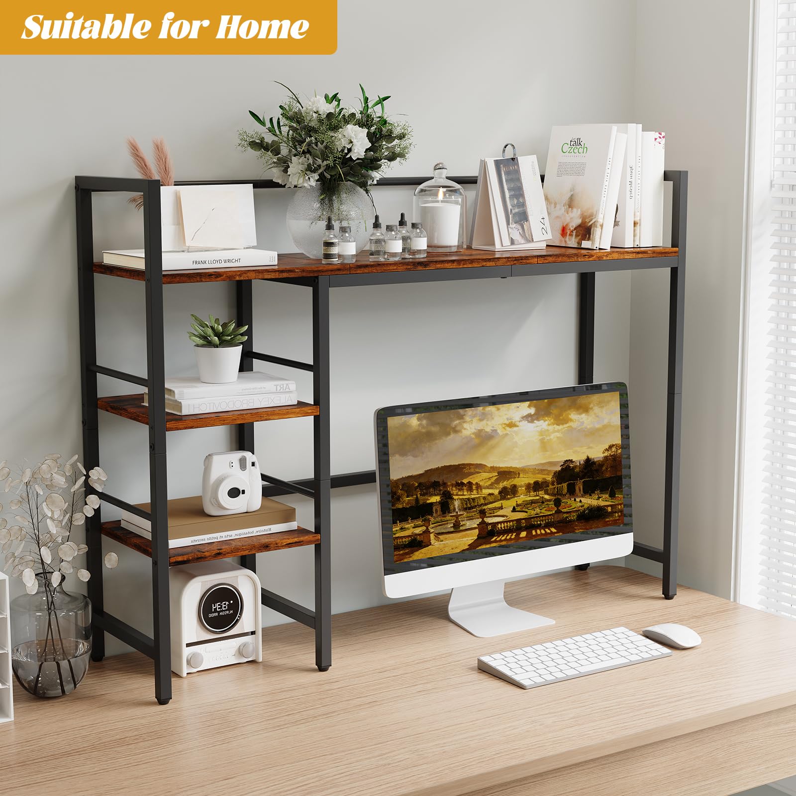 HavenlyYouth Estante de escritorio de 38.5 pulgadas para monitor de computadora, estante de almacenamiento de escritorio ajustable solamente, estante organizador de escritorio de 3 niveles para