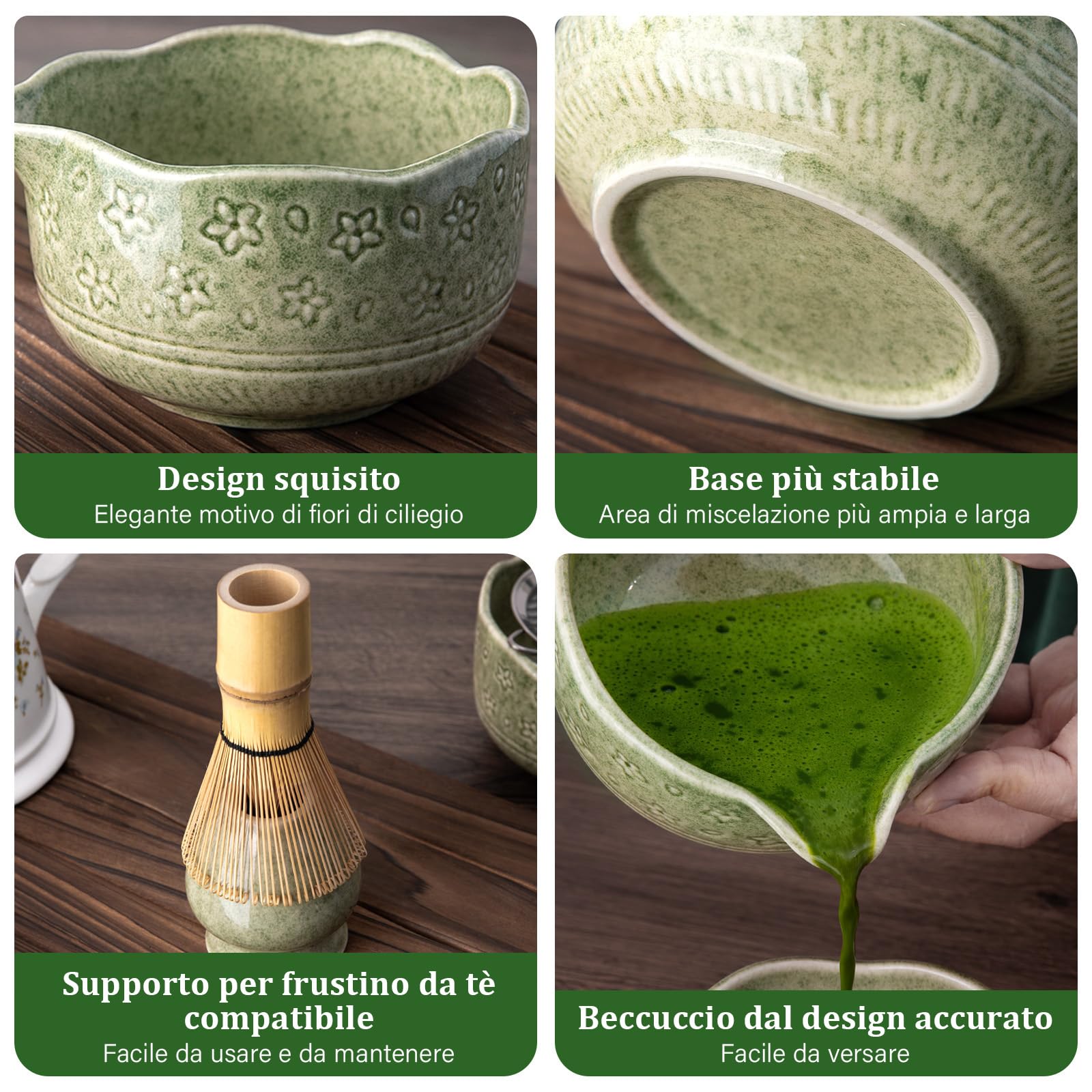 ALBISS Matcha Kit Set da 7 Pezzi in Ceramica Cerimoniale – Ciotola da 530 ml con Beccuccio e Design Sakura, Frusta in Bambù con Supporto, Elegante Set da Tè Giapponese per Amanti del Matcha, Verde