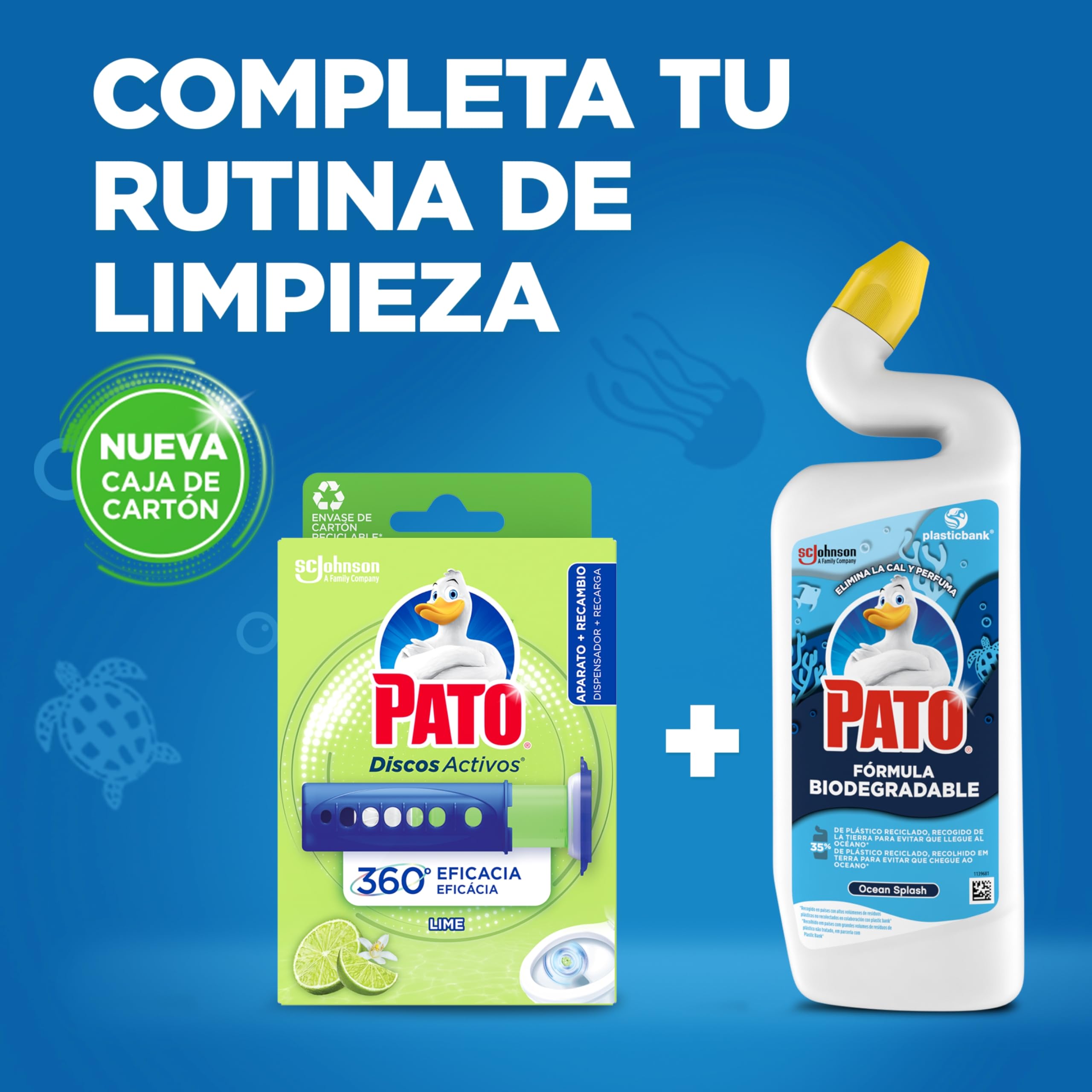 Pato Discos Activos WC Lima, Limpia, Refresca y Perfuma el Inodoro, Eficacia 360°, 1 Aparato + 1 Recambio = 6 discos