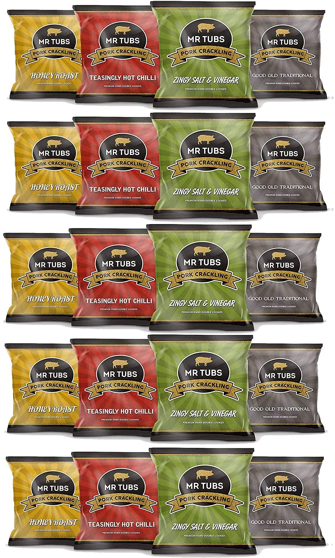 Mr Tubs Premium Double Hand Cooked Pork Crackling - Mixed Flavour Pack Foil Snack Bags (20 Pack) - Gourmet Pork Rind Crackling, Not Scratchings