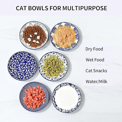 Miniatura 5 de Selamica Cuencos de cerámica para gatos, 6 pulgadas de ancho, cuencos poco profundos para aliviar la fatiga de los bigotes, juego de 6, color azul