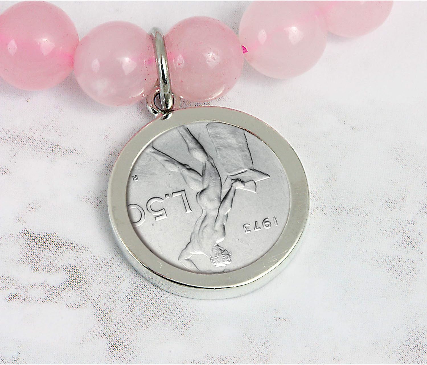 Italian 50 Lire Friendship Coin Rose Beaded Bracelet | Stretch Style | 7 Inch One Size Fits All | Certificate of Authenticity