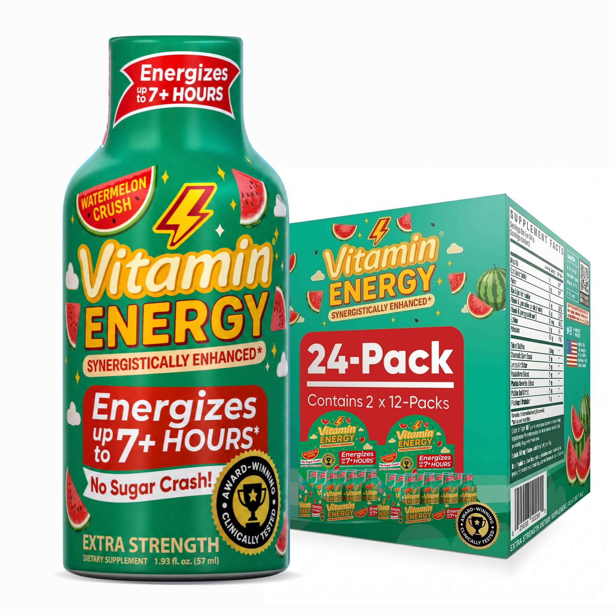 Vitamin Energy Watermelon Crush Extra Strength Energy Shot, 24 Pack - Up to 7 Hrs, 260mg Natural Caffeine, Zero Sugar - Green Tea Extract, Immune Support, B12 B6 Niacin, 1.93 fl oz, Keto Vegan