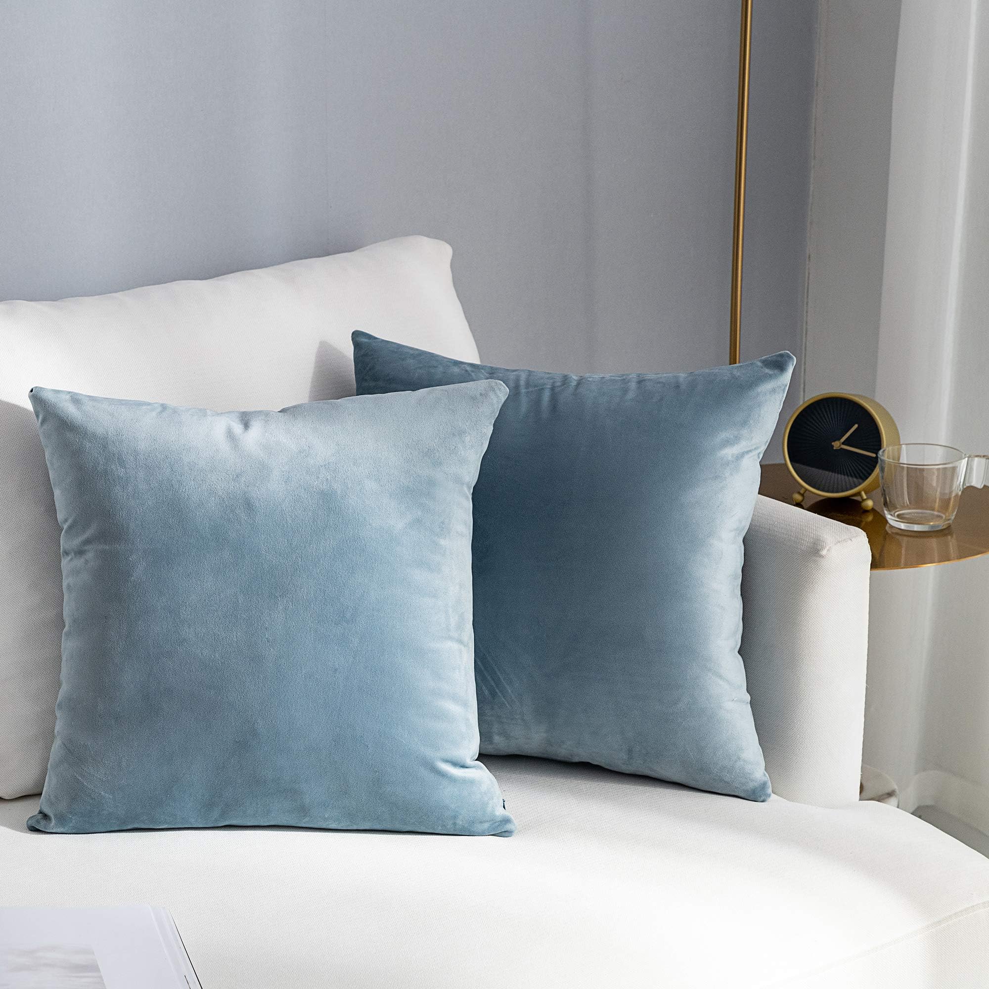 Stellhome Super Soft Velvet Square Throw Pillow Covers for Bed Couch Sofa Bench, 18 x 18 inch (45 cm), Silver Blue, Pack of 2