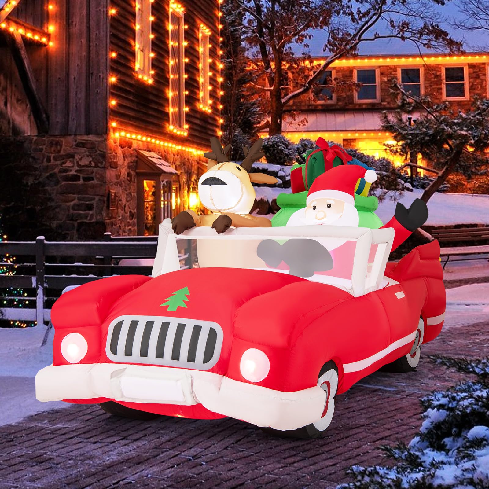 GOPLUS Décoration Noel Exterieur Interieur Gonflable 2,35 m Long, Père Noël Gonflable Lumineux et Renne Noel Conduit Voiture Rouge avec Cadeaux, Décoration Noël Inflable