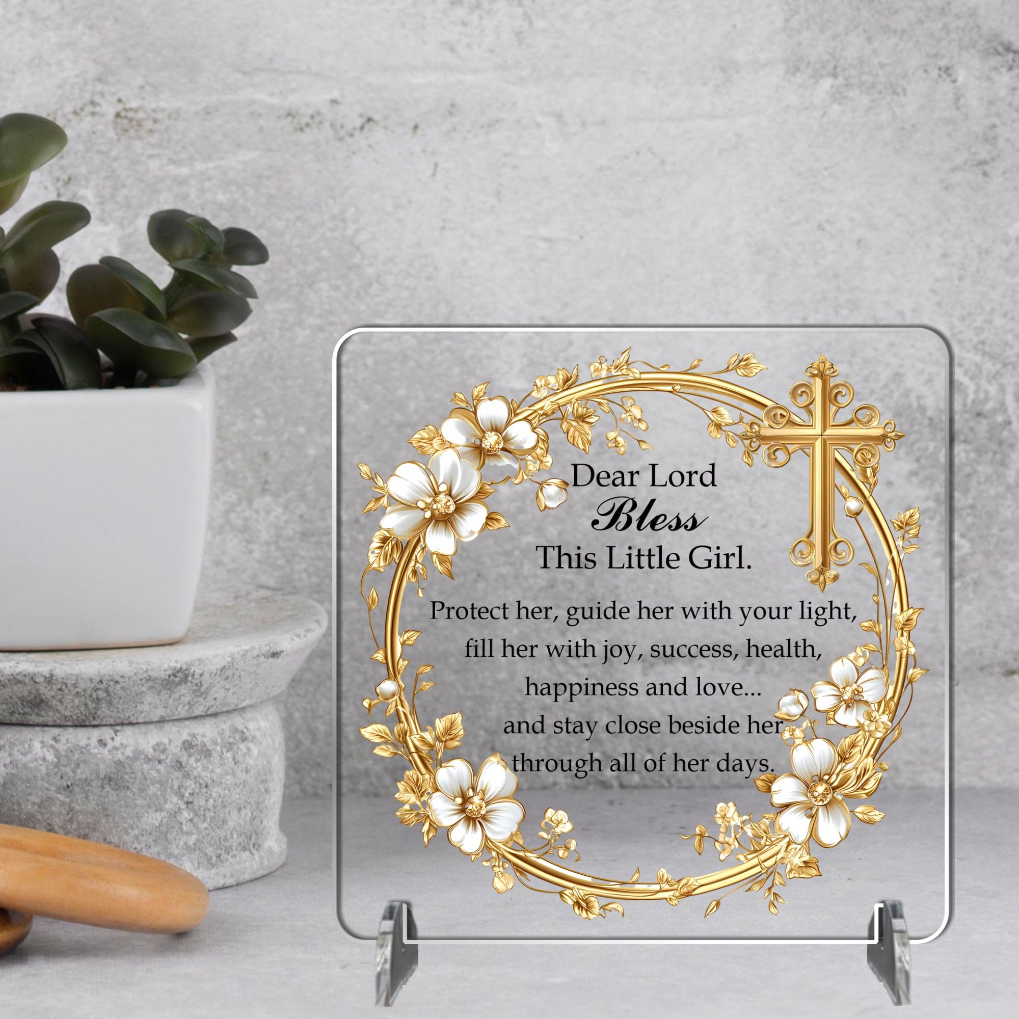 Baby Blessing Plaque | Christening Baptism Gift | Religious for Baby Boy or Girl | Godchild Prayer Plaque | Catholic Dedication Gift (Girl - Gold Floral, Acrylic, Large: 23 cm (H) × 23 cm (W))