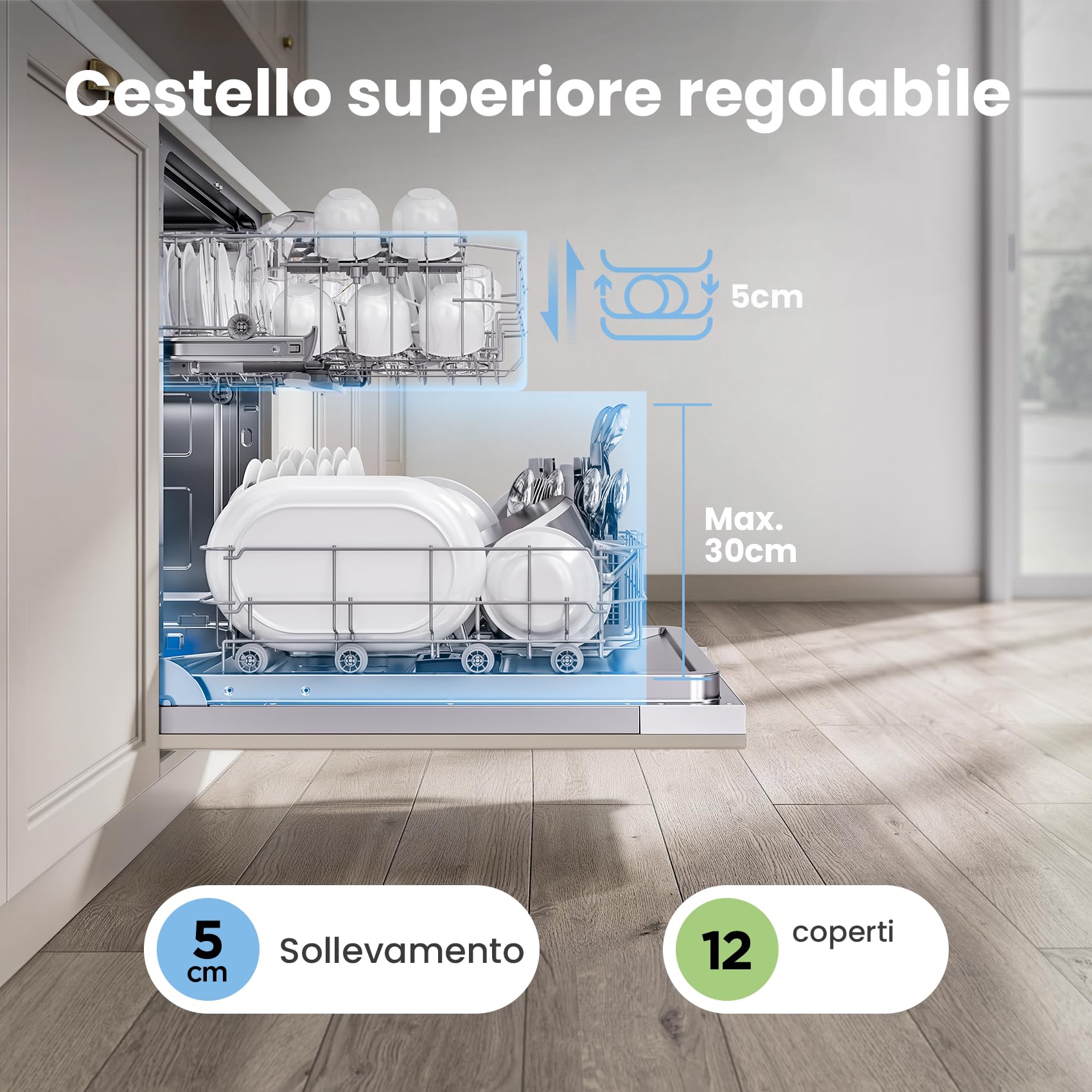 COMFEE' CDWPB1215P-W Lavastoviglie da Incasso con 12 coperti, 8 Programmi, di avviamento ritardato, Funzione di Mezzo Carico, Home Connect, cloud wash, Asciugatura Extra - Inox