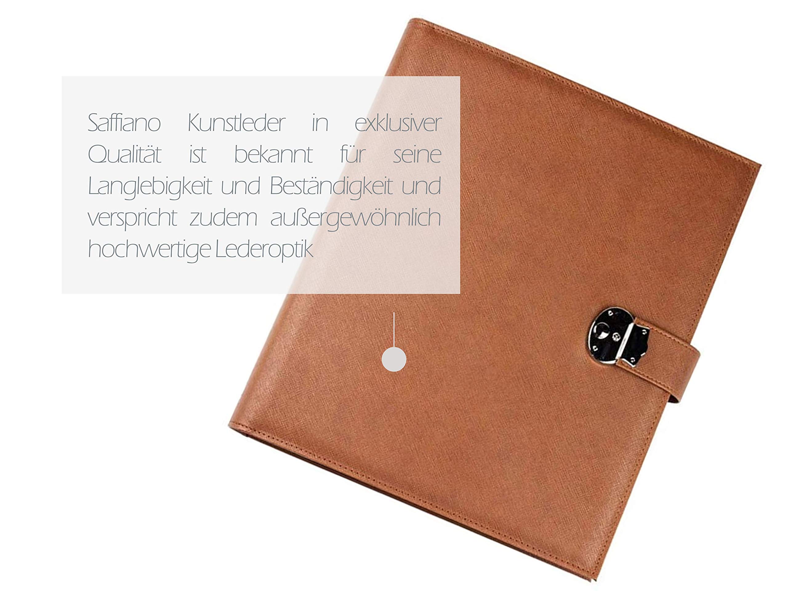 DELMON VARONE - Personalisierbare Dokumentenmappe DIN A4 mit Schloss & Schlüssel inkl. 3 Klarsichthüllen, Saffiano Kunstleder braun, Ringbuch Sammelmappe mit Verzeichnis für Dokumente & Urkunden