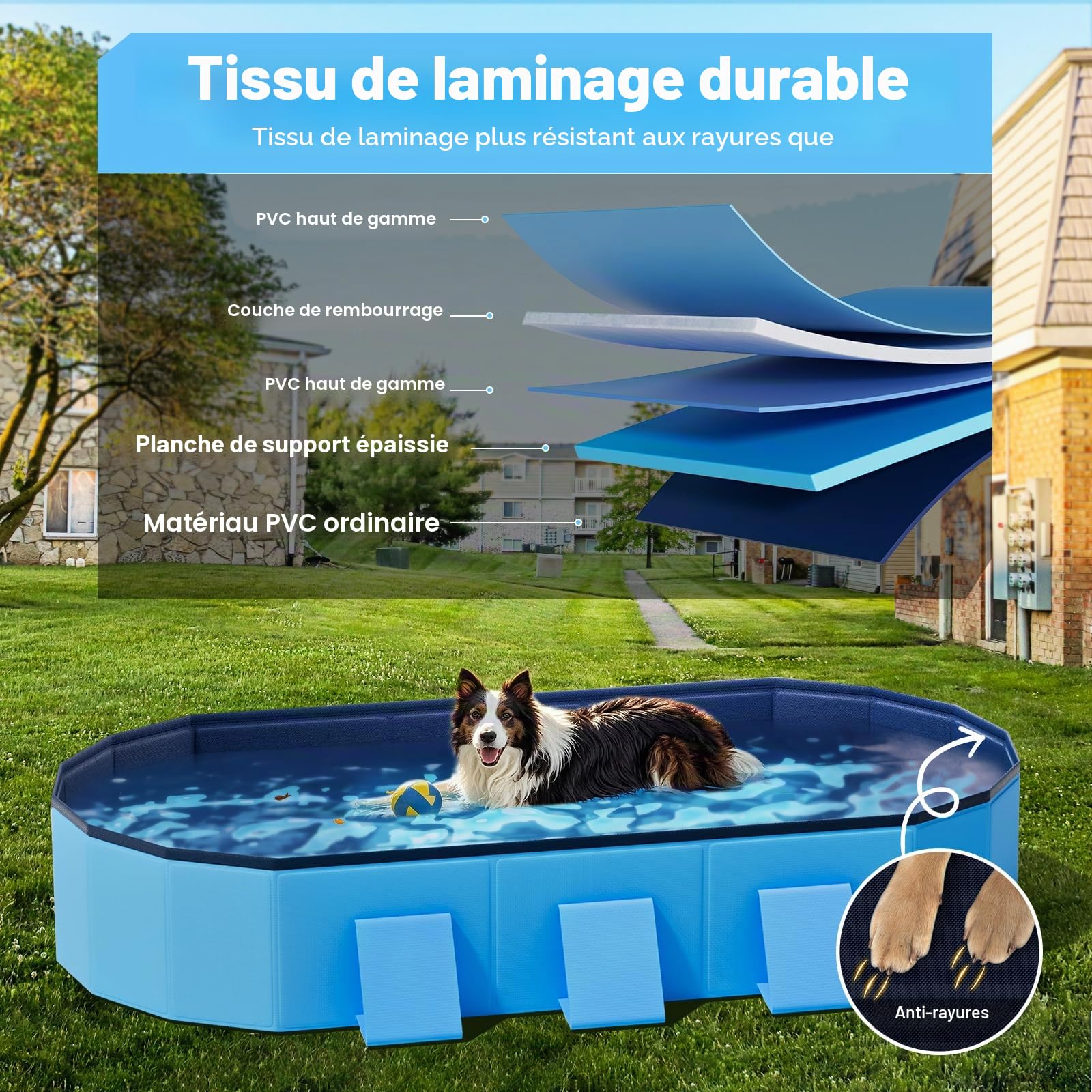 Piscine pour Chien 180 cm Pliable, Grande Piscine Chien avec Structure Octogonale Stable, Piscine Antidérapante en PVC avec Parois Renforcées pour Jardin et Extérieur