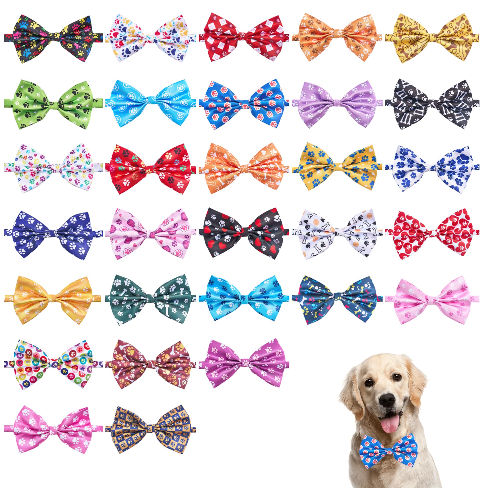 Pai Sence Paw Print Dog Bow Ties Bulk 30 Pcs Adjustable Dogs Bowties for Large Dogs Bow Ties Pet Party Grooming L