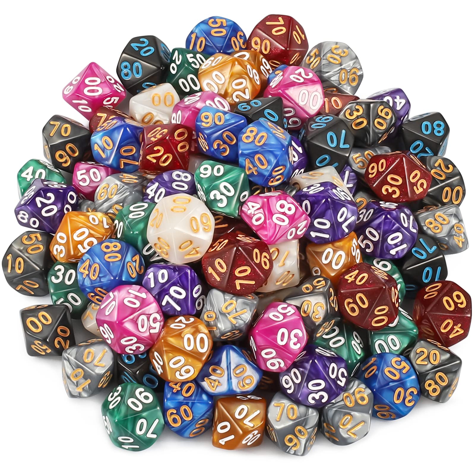 YILAIDA 100 Stück Polyedrisch Würfel Set mit Schwarz Beutel, Tisch Spiel Würfel für Dungeons and Dragons Pathfinder DND RPG MTG (10 Seitige (00-90))