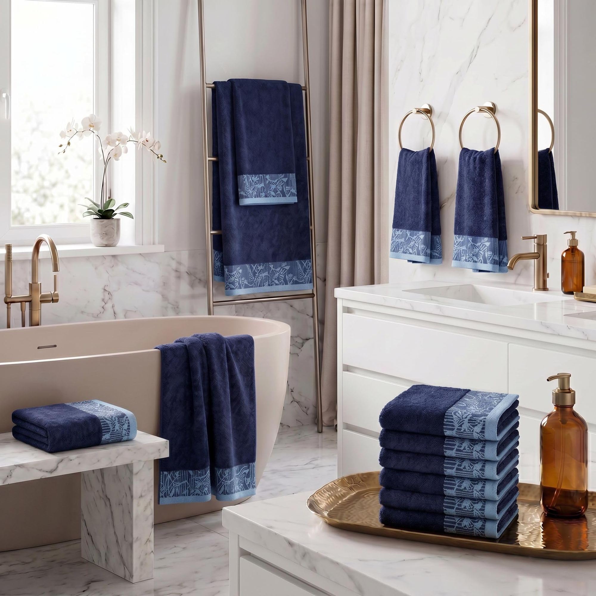 Superior Set di 12 asciugamani in cotone, motivo floreale, bordo in jacquard, asciugatura rapida, decorazione per bagno, spa, doccia, bagno, include 3 corpi, 3 mani, 6 asciugamani per il viso,