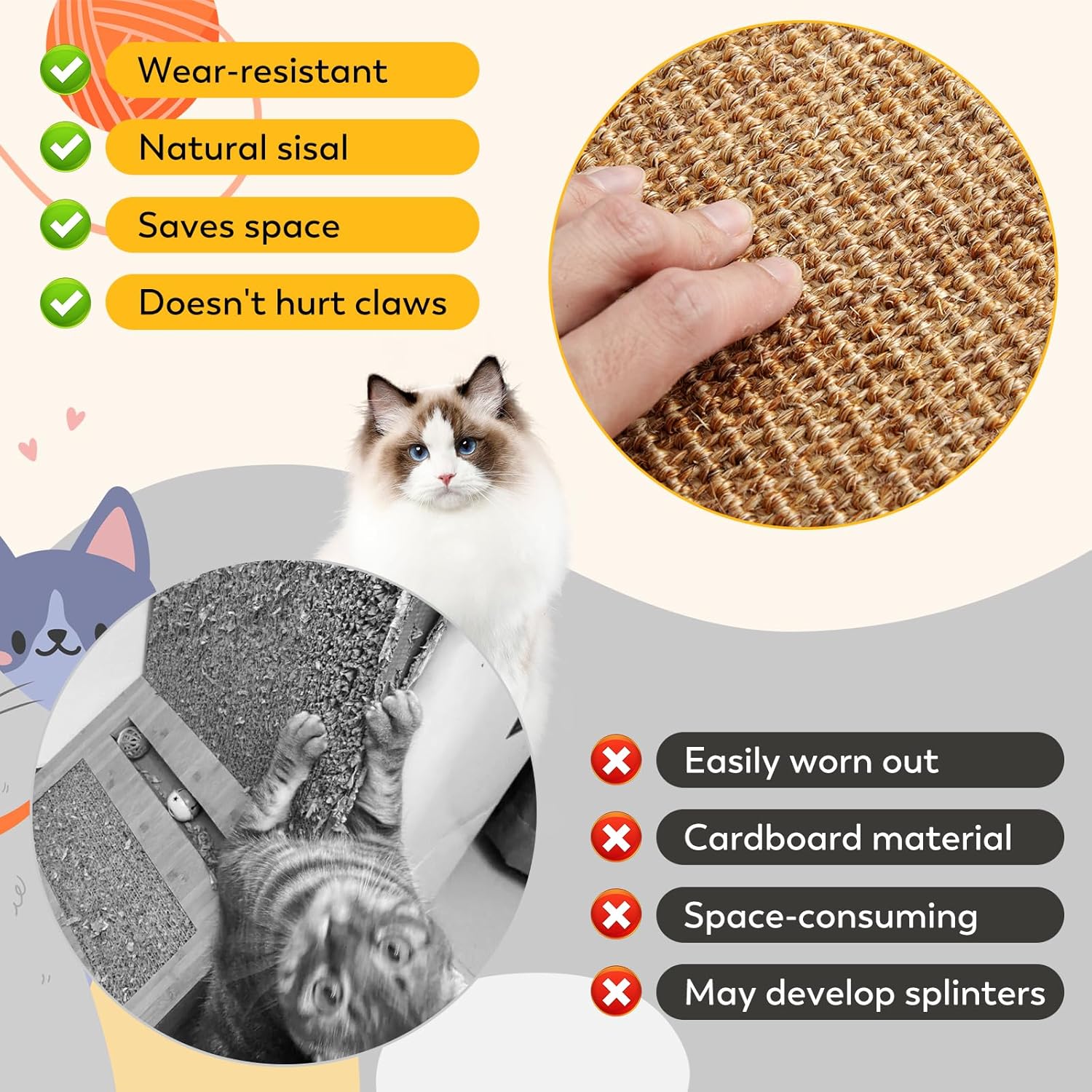 2PCS Natural Sisal Fabric Large 23.6" x 15.7" Cat Scratching Pad for Indoor Cats Scratcher Mat with Sticky Tapes Horizontal Cat Scratcher for Scratching Posts Couch Protection(Camel, 2 Pack)